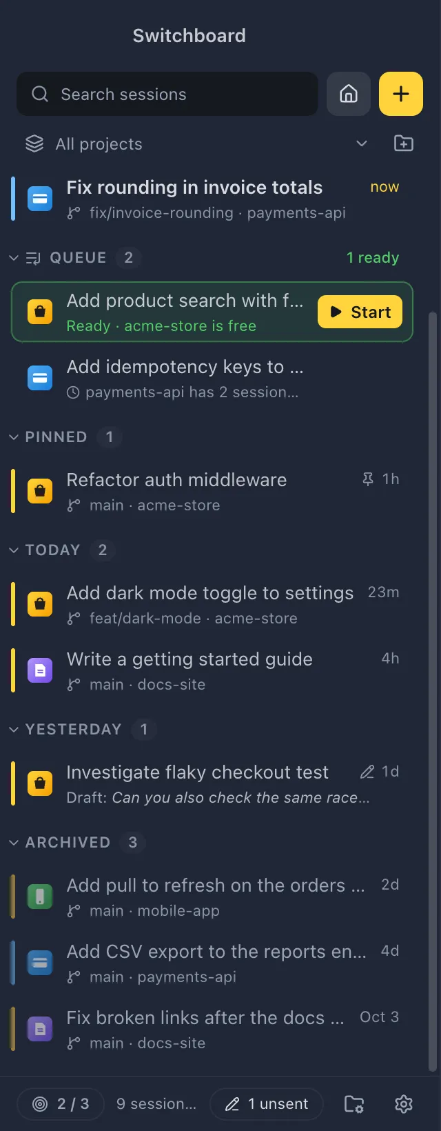 The sidebar with the Archived section opened under the other sessions, its sessions slightly faded
