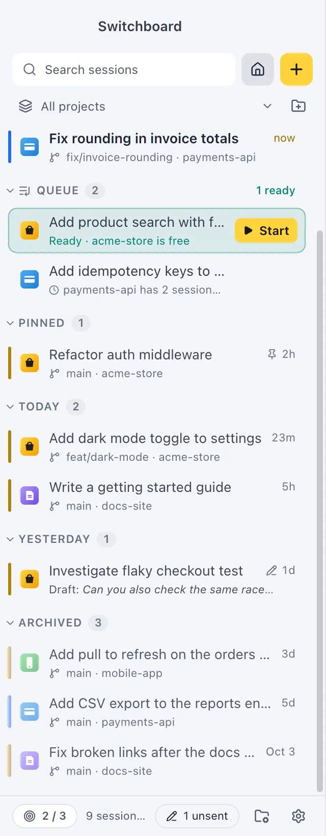 The sidebar with the Archived section opened under the other sessions, its sessions slightly faded