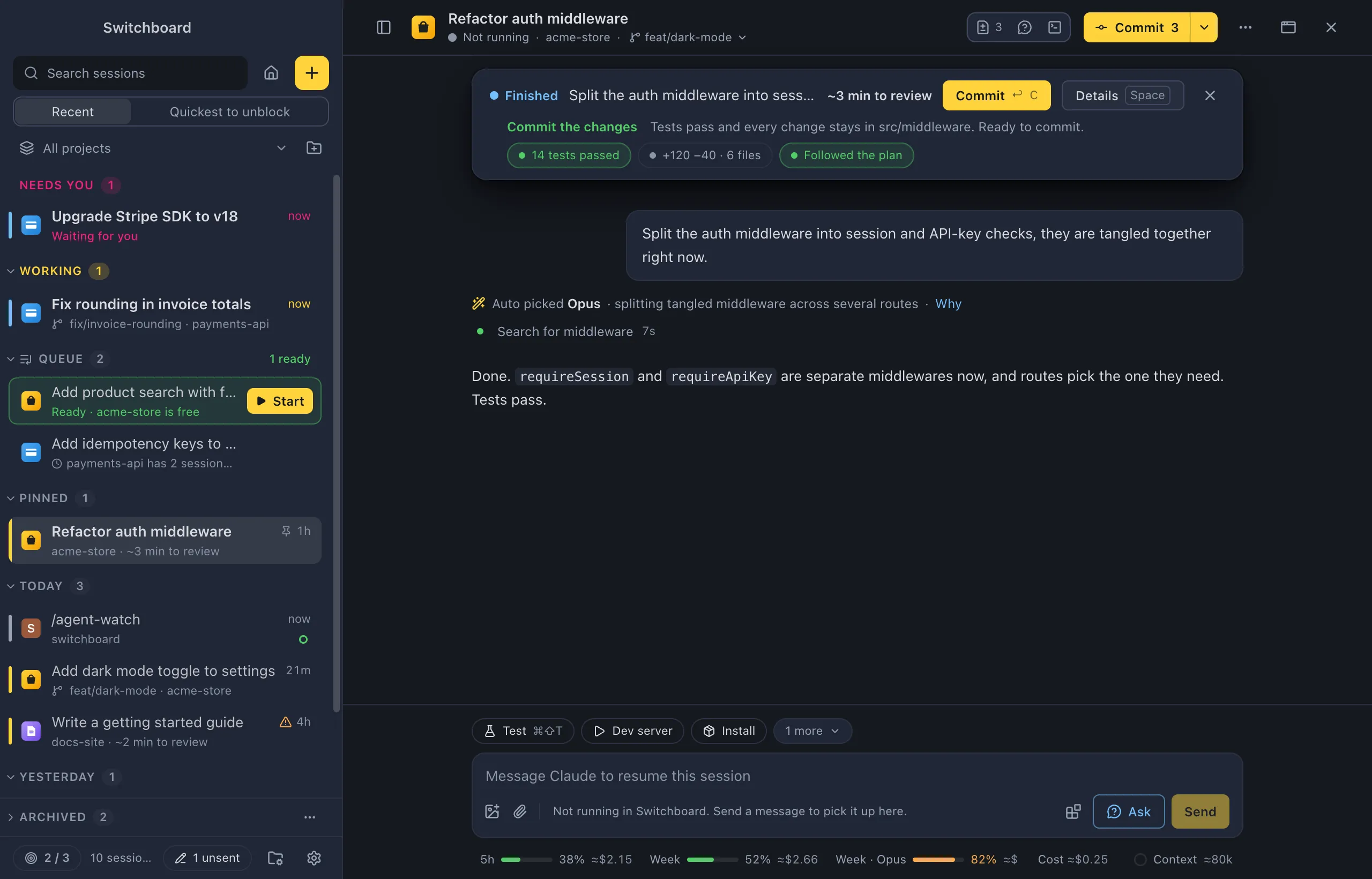 The catch-up banner above the conversation: Finished, the ask, about 3 minutes to review, Commit and Details, and the chips 14 tests passed, +120 −40 · 6 files and Followed the plan