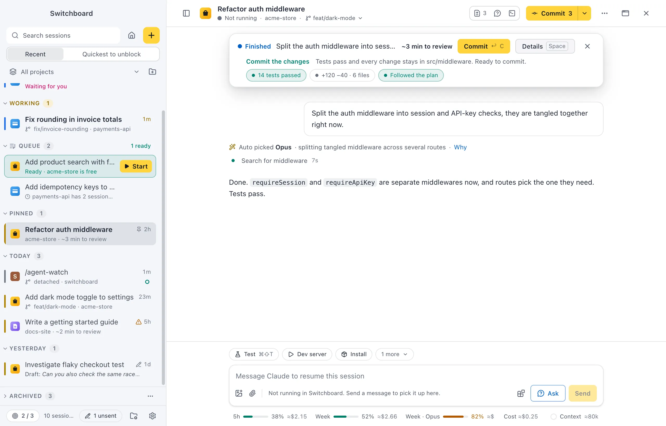 The catch-up banner above the conversation: Finished, the ask, about 3 minutes to review, Commit and Details, and the chips 14 tests passed, +120 −40 · 6 files and Followed the plan