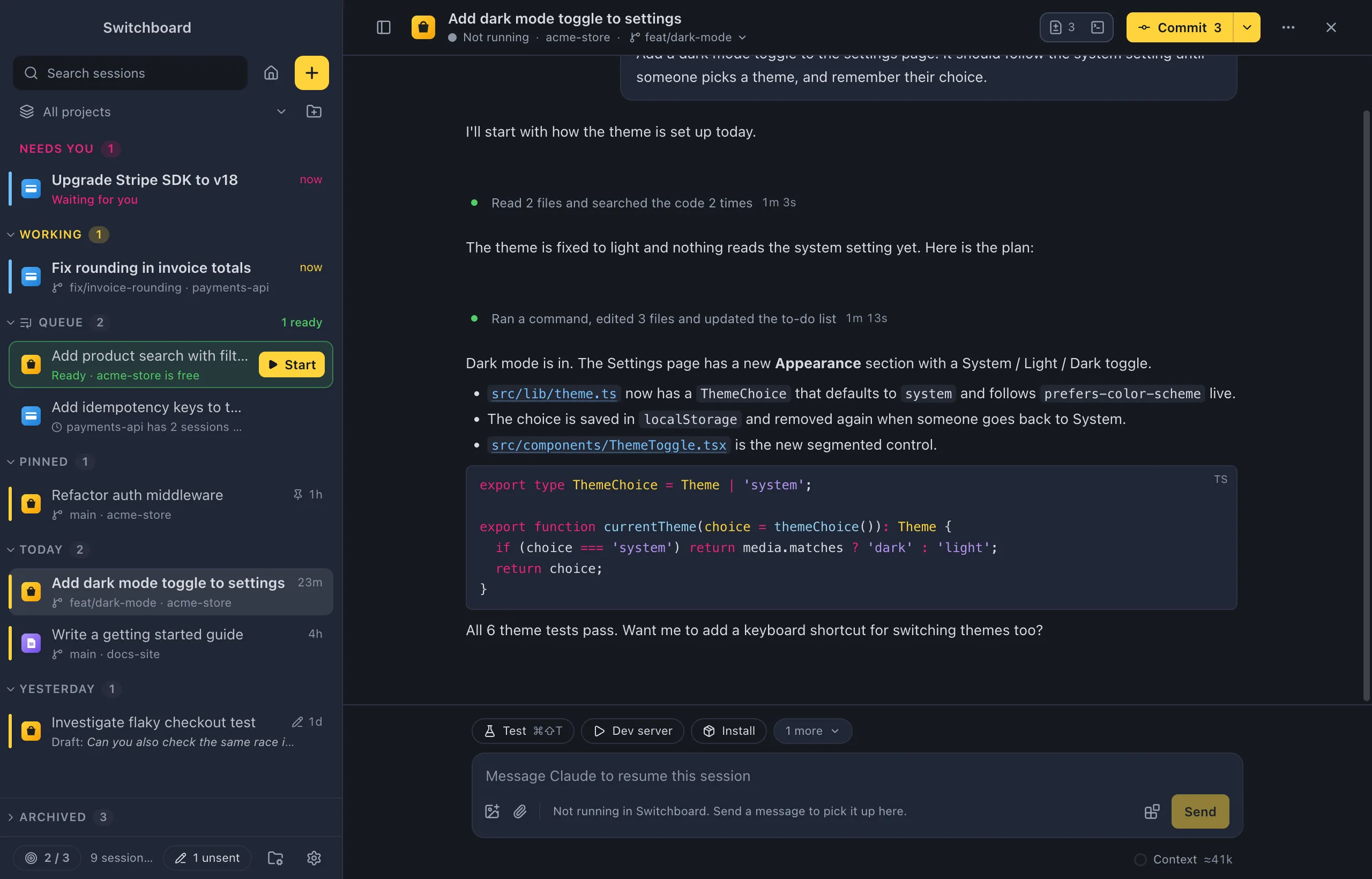 A session's conversation: a summarised run of tool calls, a to-do list, Claude's summary with a code block, and the message box with its chips underneath