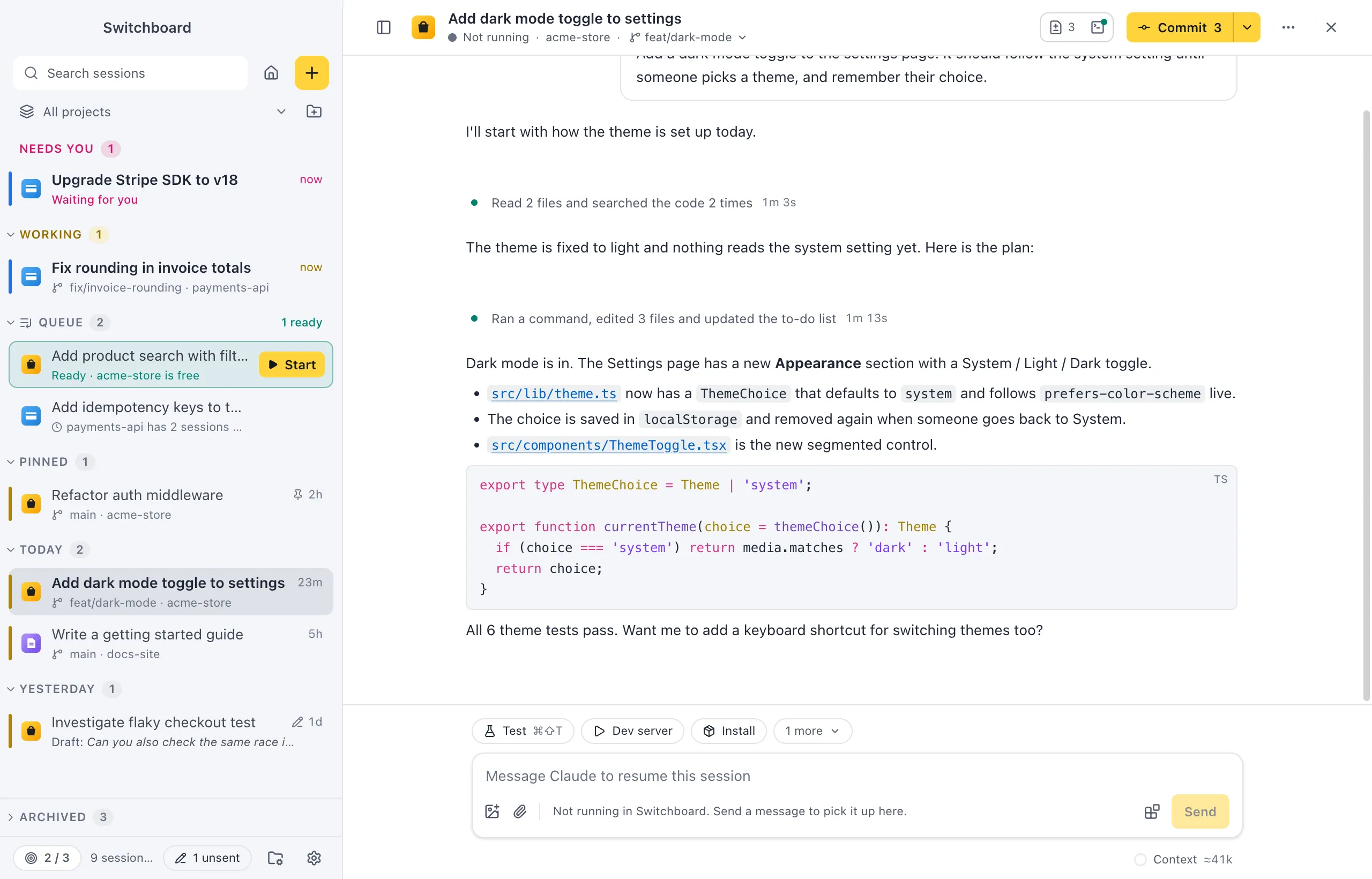 A session's conversation: a summarised run of tool calls, a to-do list, Claude's summary with a code block, and the message box with its chips underneath