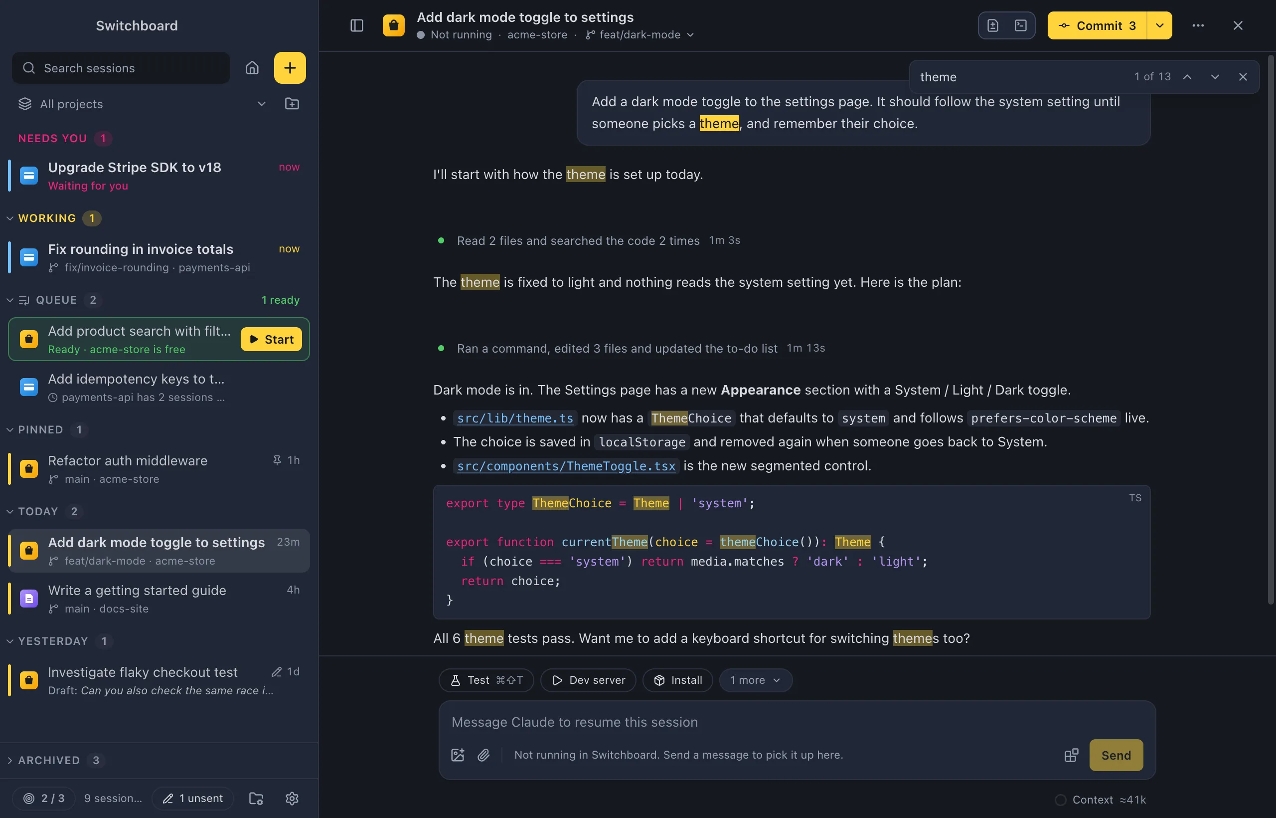Find in conversation open over a session, with every match highlighted and the count of matches next to the field