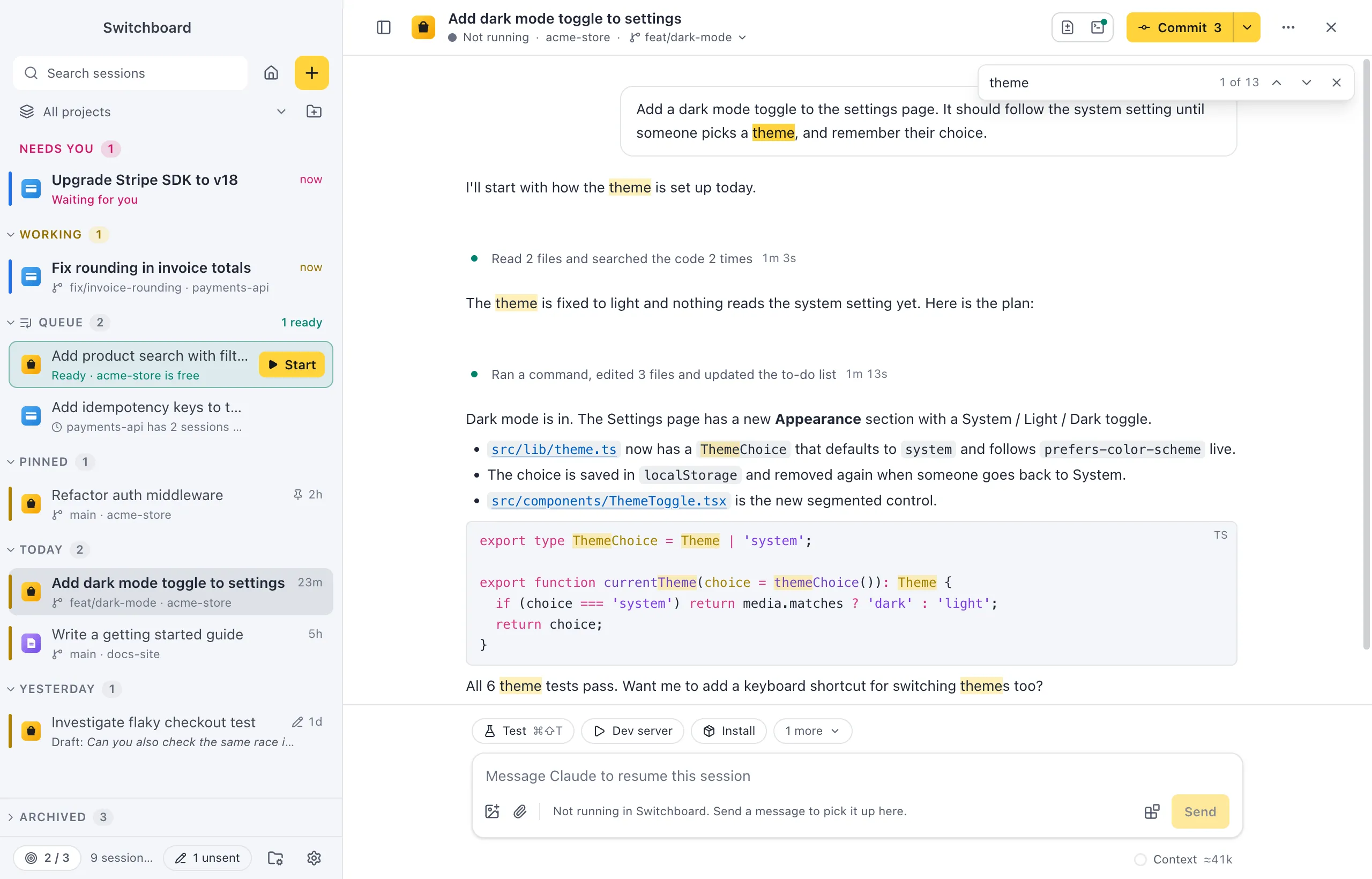 Find in conversation open over a session, with every match highlighted and the count of matches next to the field