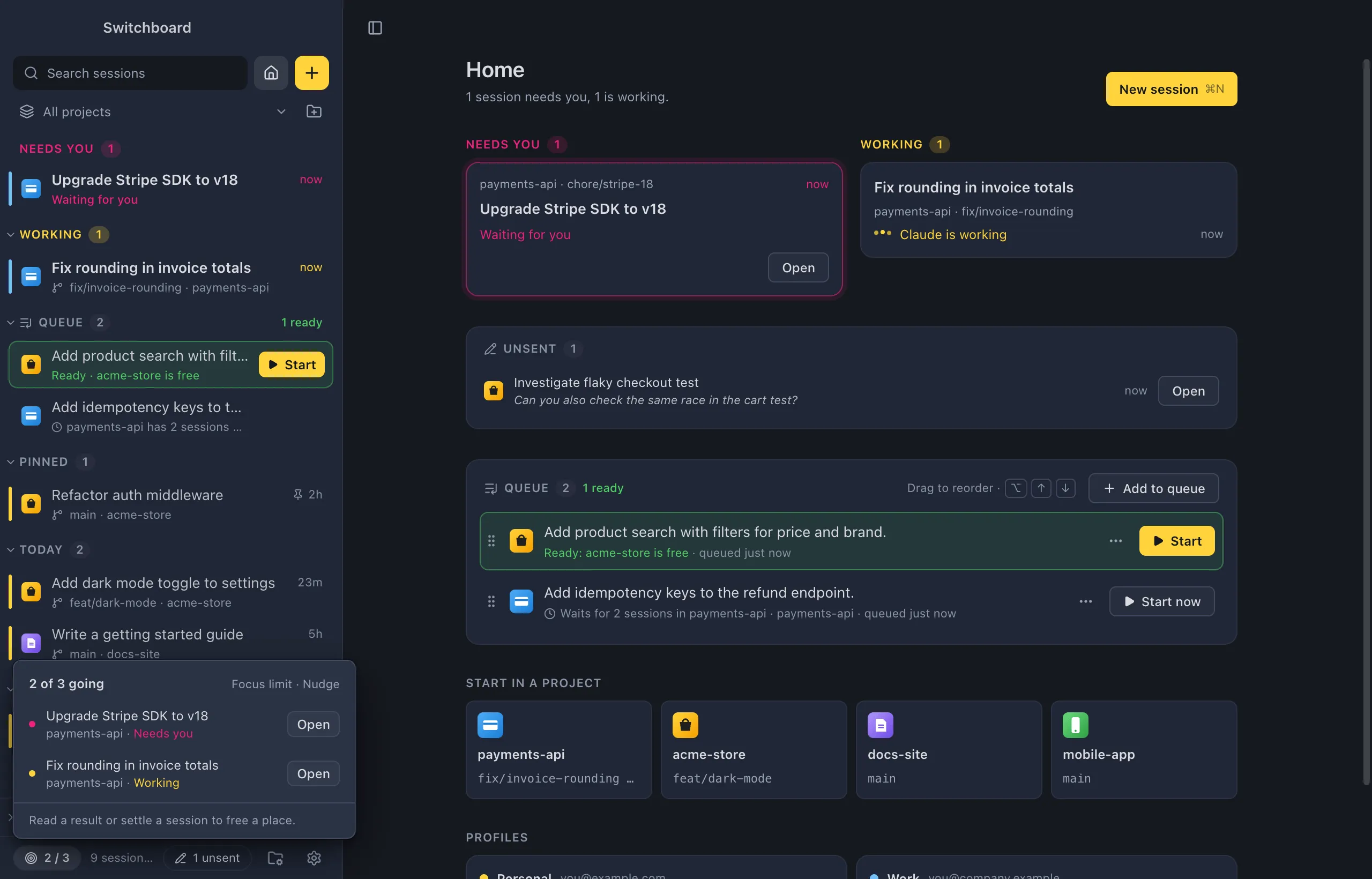 The focus counter in the sidebar footer showing 2 of 3, with a list of the sessions that count