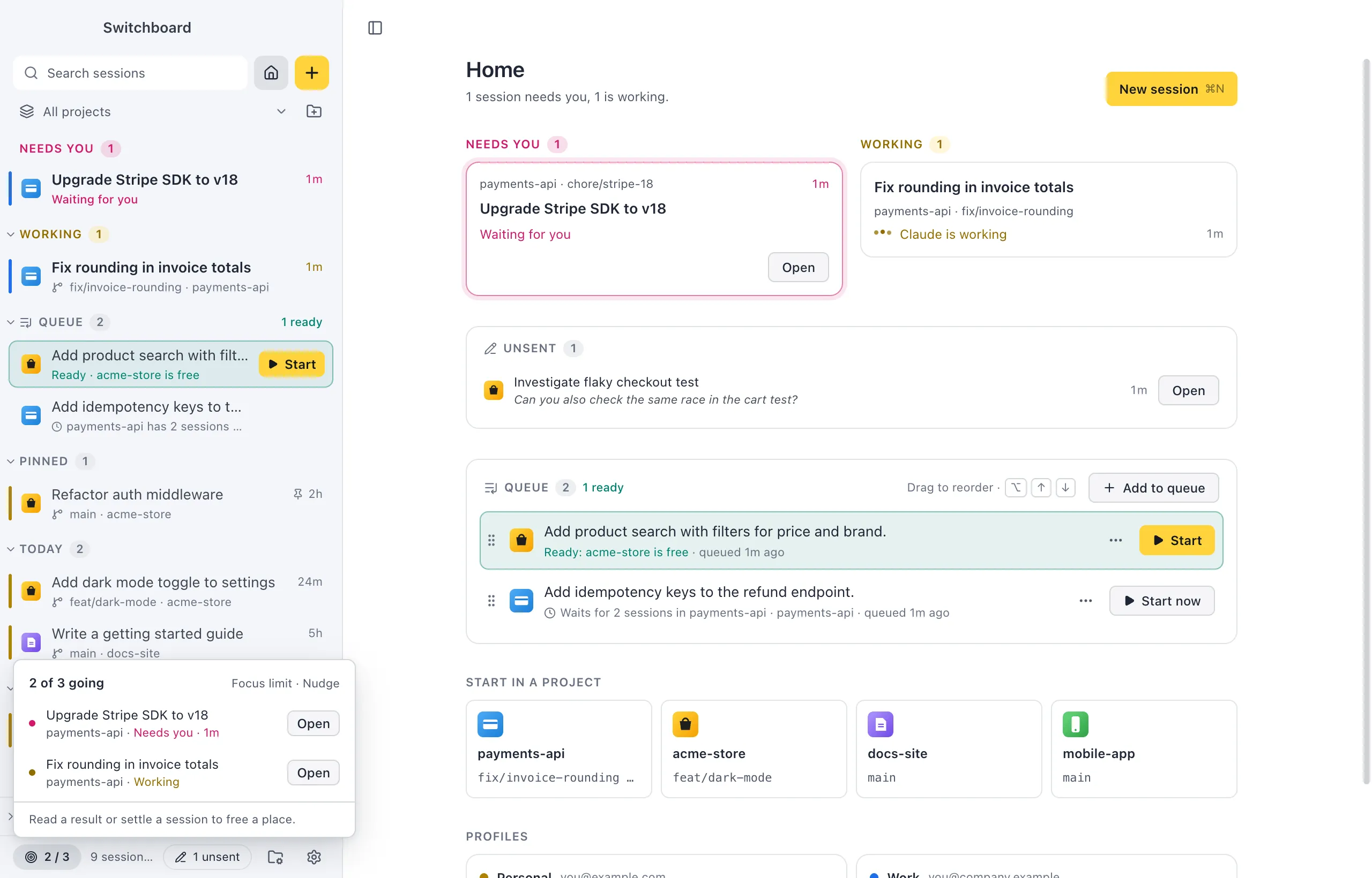 The focus counter in the sidebar footer showing 2 of 3, with a list of the sessions that count