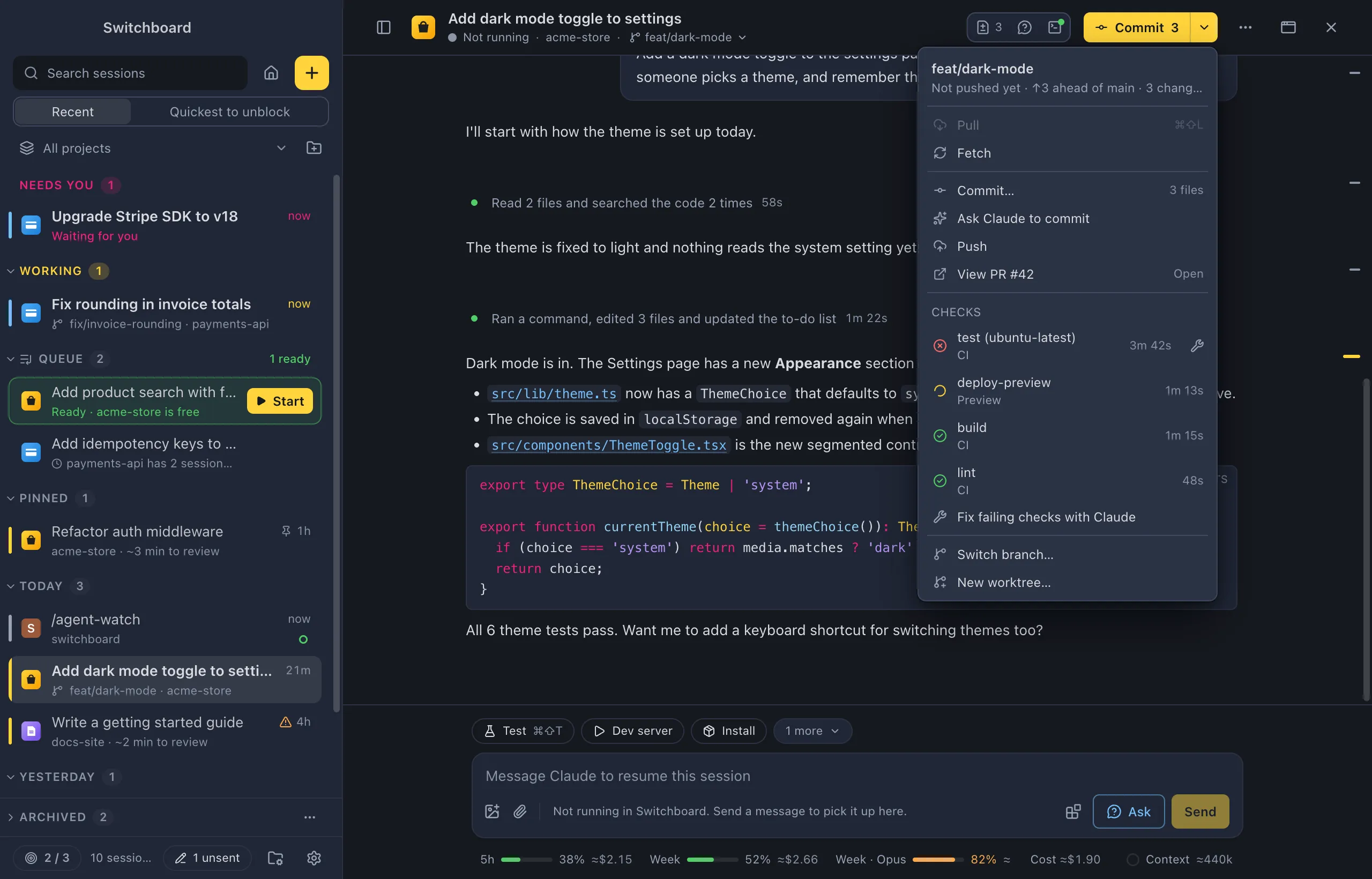 The git menu with View PR #42 and a Checks group: a failed test job with a Fix with Claude button, a running deploy preview, build and lint passed, then Fix failing checks with Claude