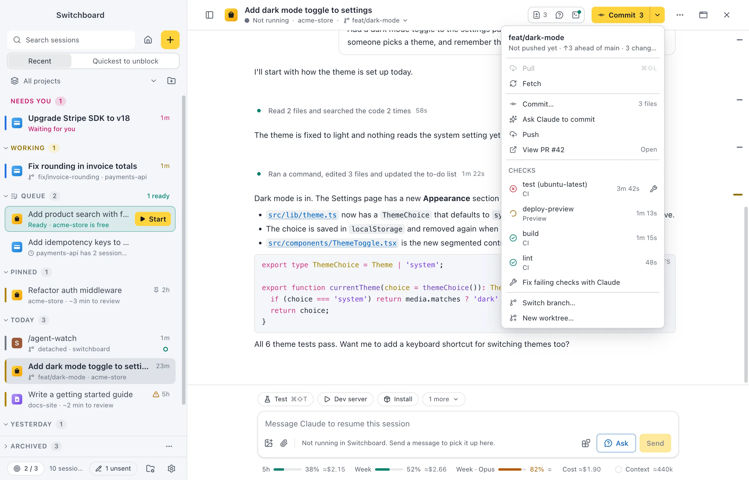 The git menu with View PR #42 and a Checks group: a failed test job with a Fix with Claude button, a running deploy preview, build and lint passed, then Fix failing checks with Claude