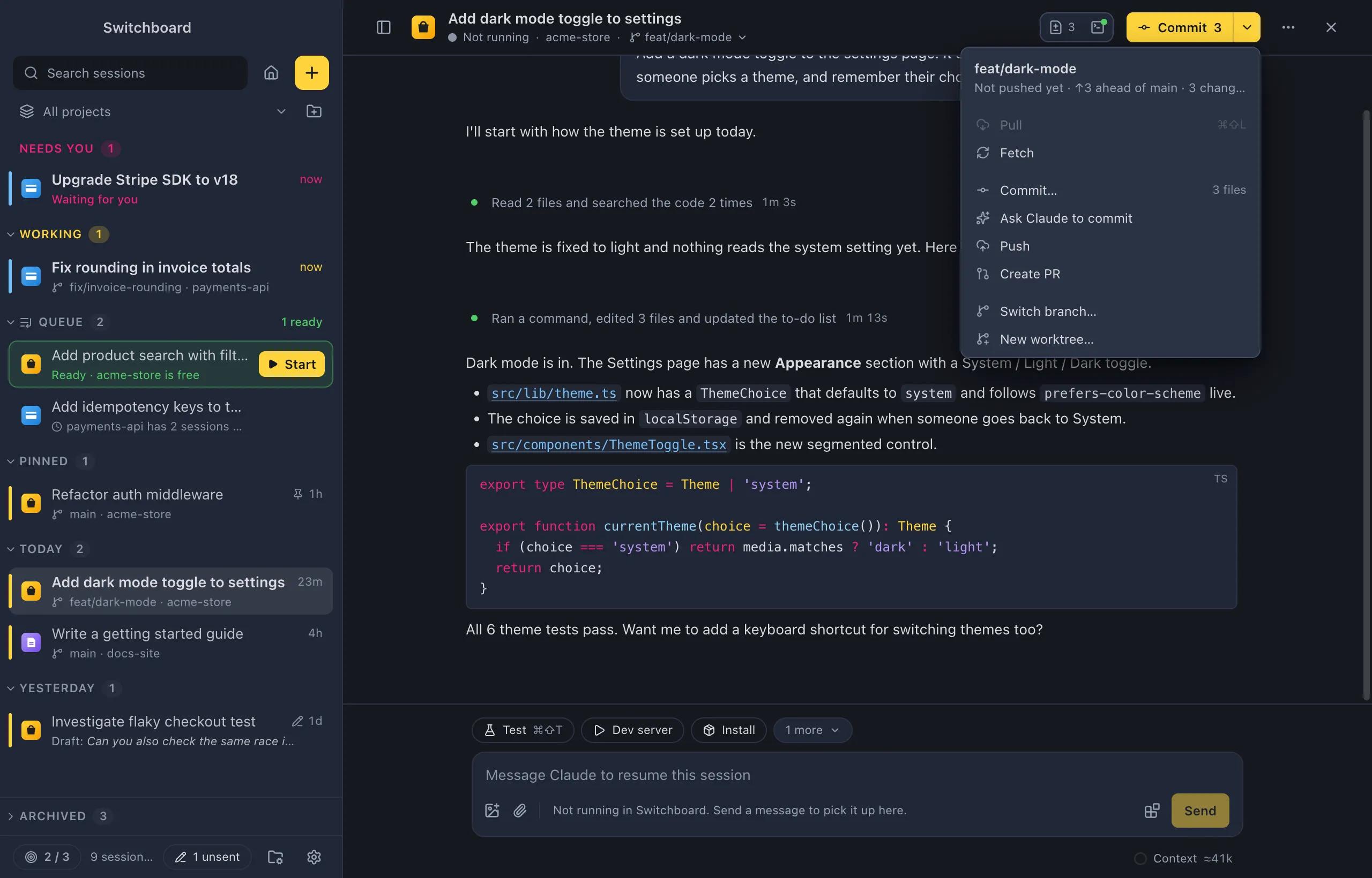 A session header with the git button's menu open: the branch with how far it is behind and ahead and how many files changed, then Pull, Fetch, Commit, Ask Claude to commit, Push, Create PR, Switch branch and New worktree