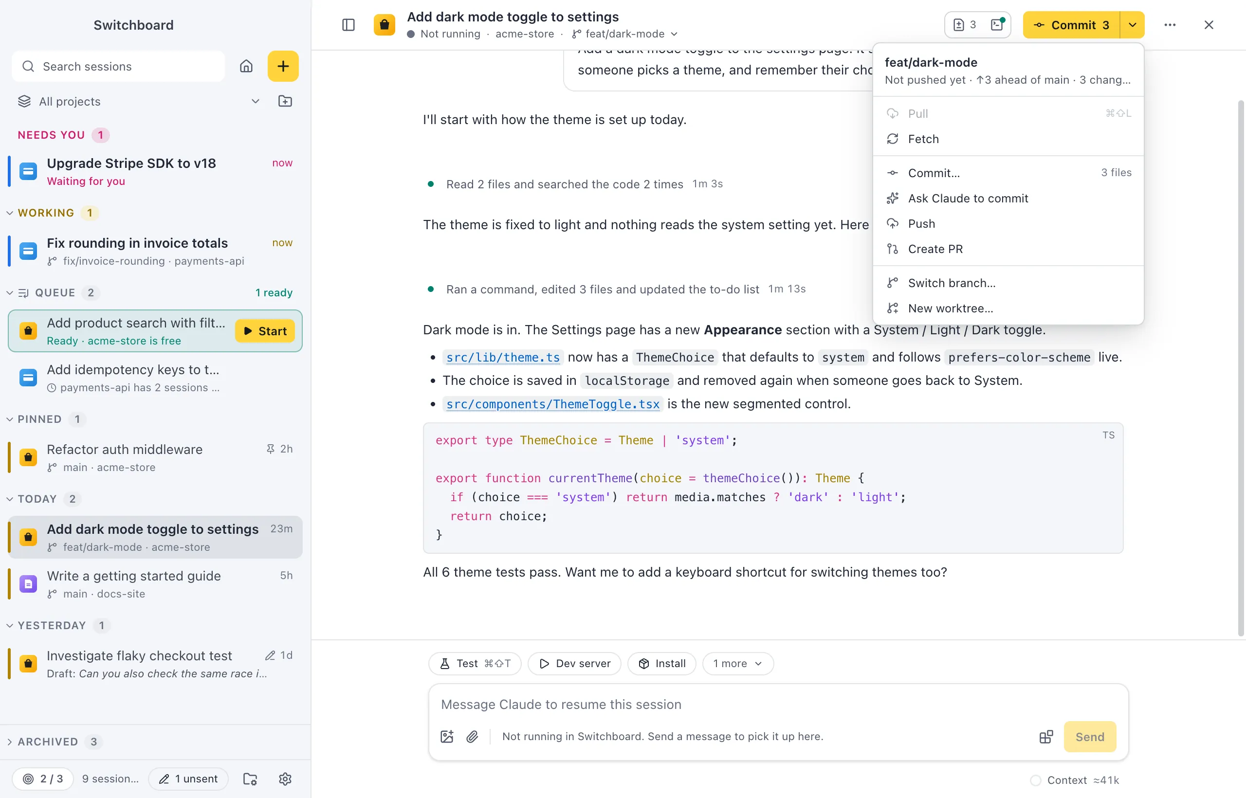 A session header with the git button's menu open: the branch with how far it is behind and ahead and how many files changed, then Pull, Fetch, Commit, Ask Claude to commit, Push, Create PR, Switch branch and New worktree