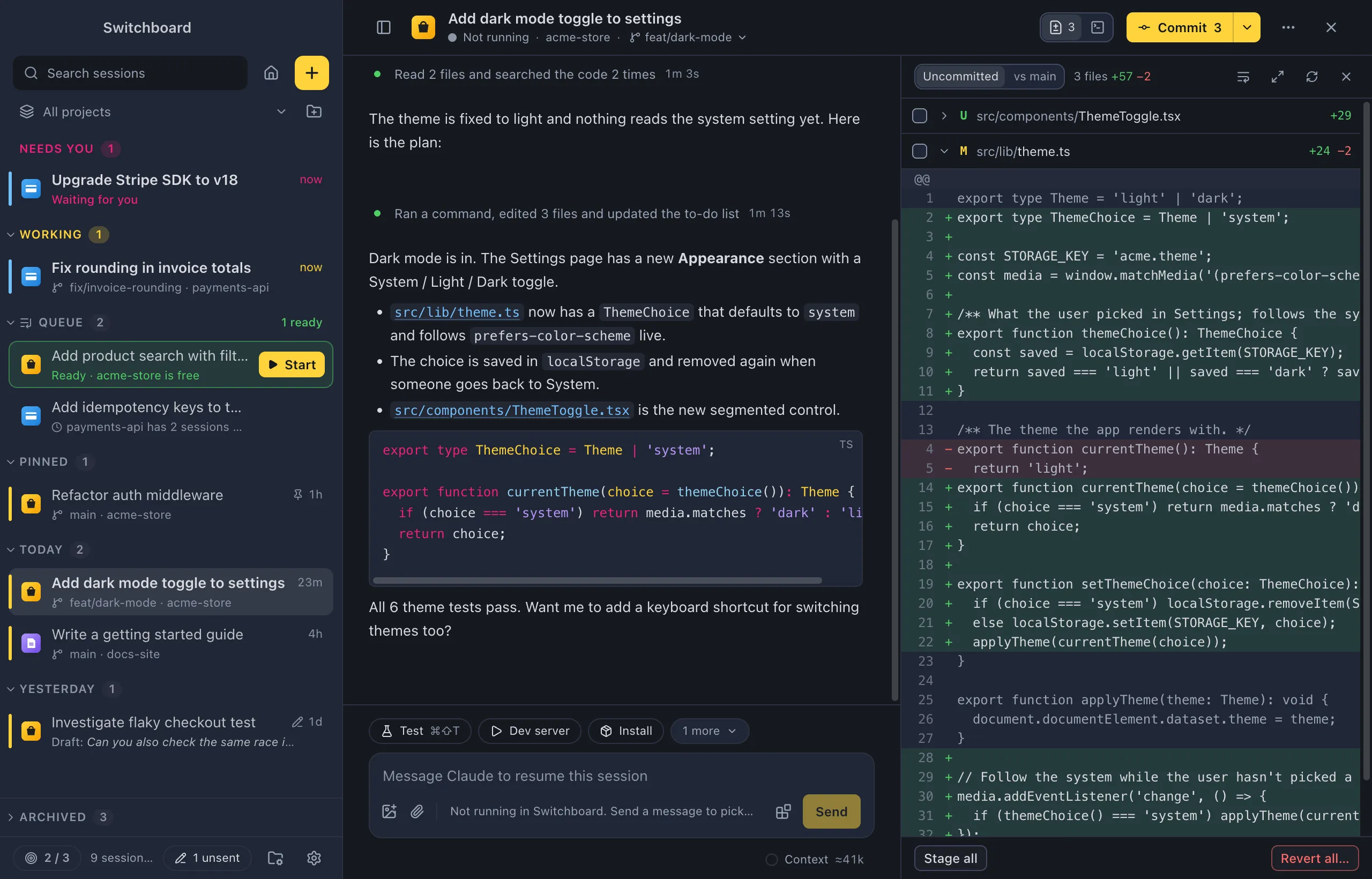 Switchboard with a finished session open: the session list on the left with sessions that need you and are working, the conversation in the middle and its git changes on the right