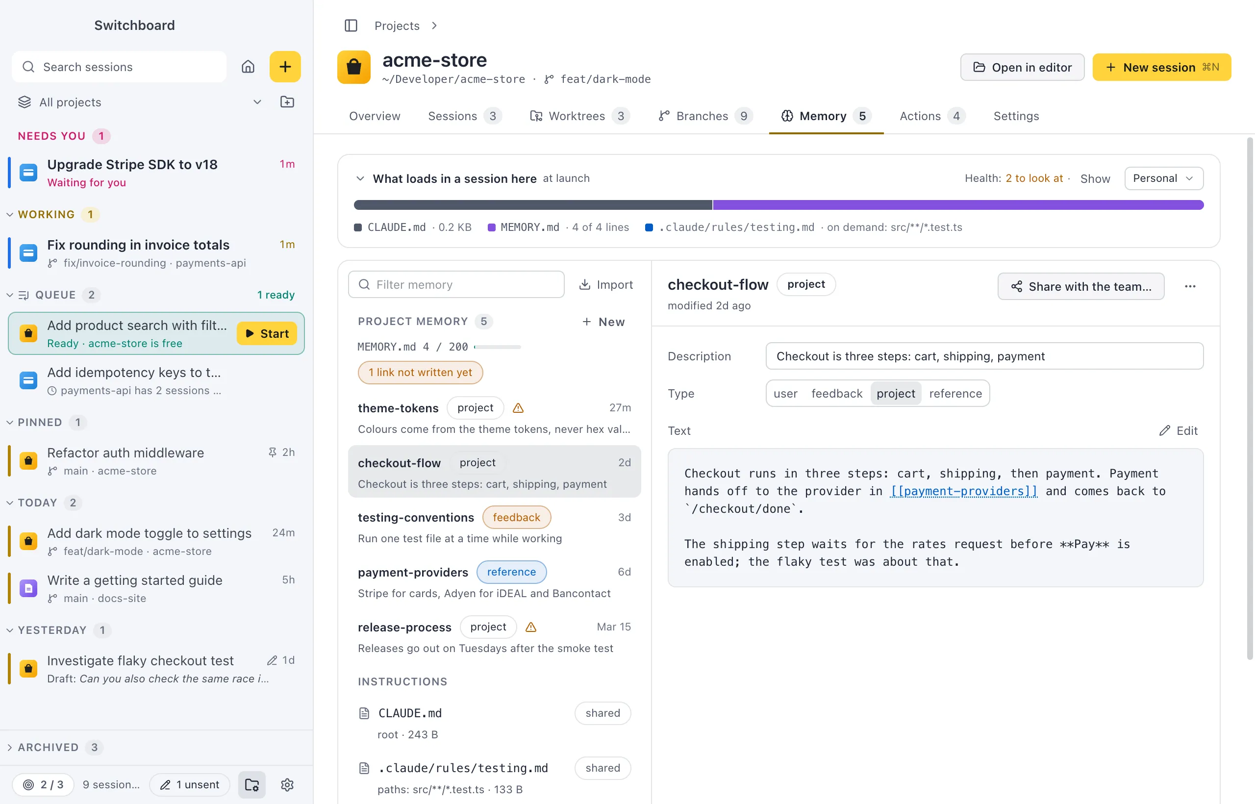 A memory open in the editor: its name and type at the top with Written in and the session's title, the Description field, the Type control, the text with a [[link]], and Linked from and Not written yet under it