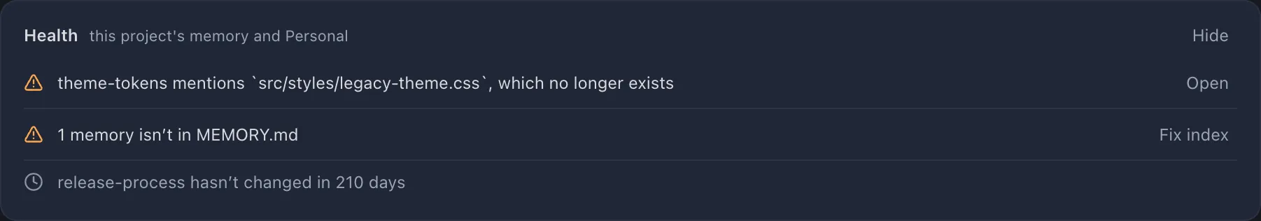 The health findings on the Memory tab: a memory that names a file that is gone with Open, two duplicates with Compare, MEMORY.md out of step with Fix index, and old memories listed without a button