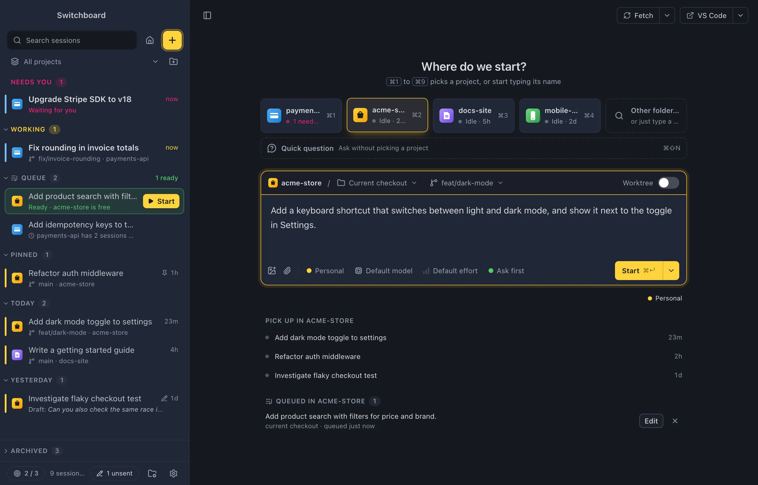 New session with a project picked, the choice between the current checkout and a new worktree, and a prompt typed in the message box with the profile, model, effort and mode chips under it