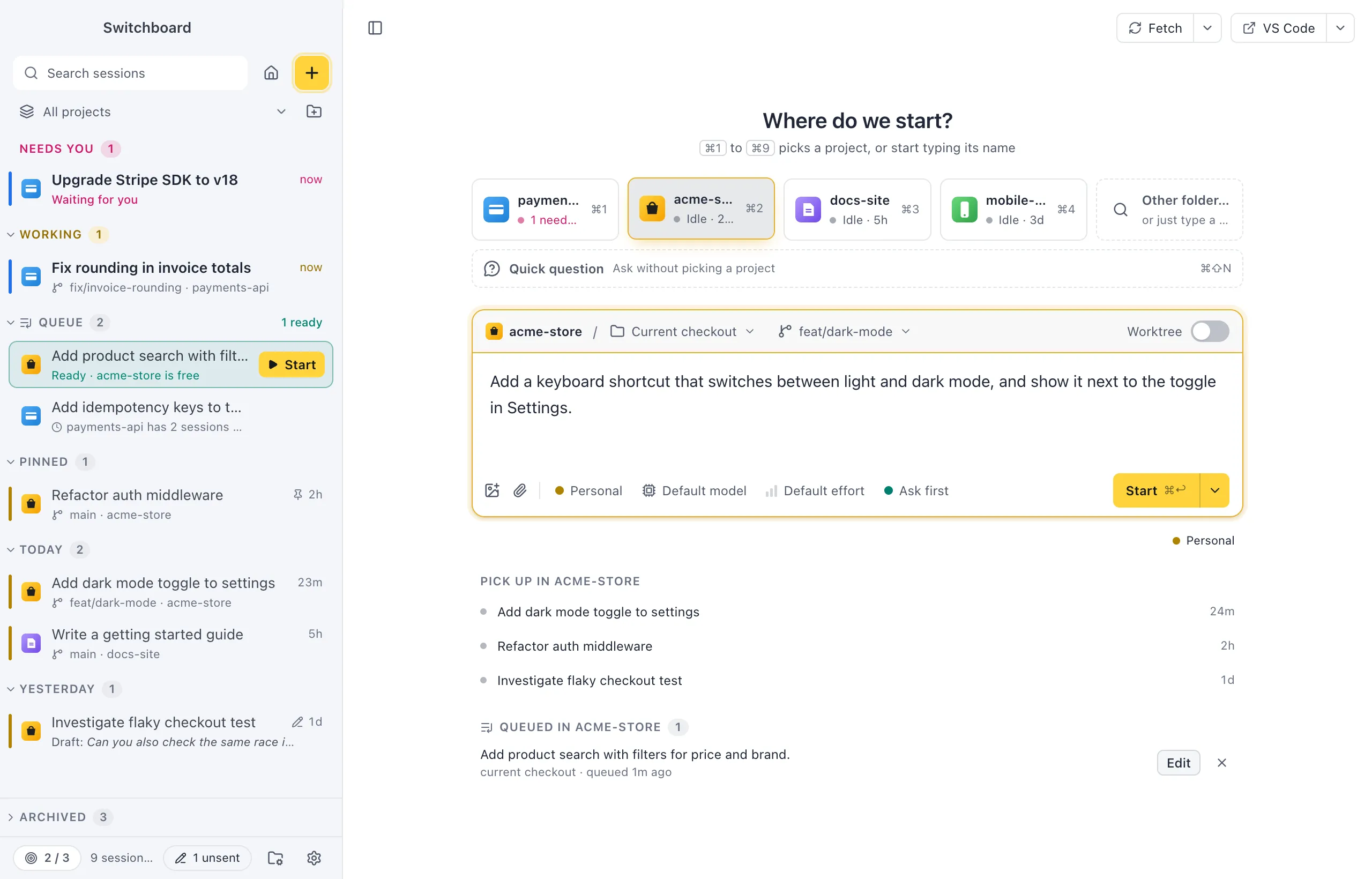 New session with a project picked, the choice between the current checkout and a new worktree, and a prompt typed in the message box with the profile, model, effort and mode chips under it