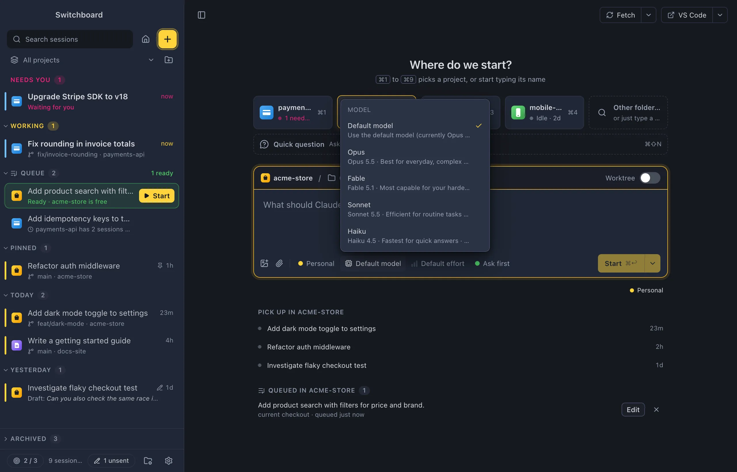 New session with the model chip's menu open above the message box, listing Default model and the models Claude Code offers, each with a short description