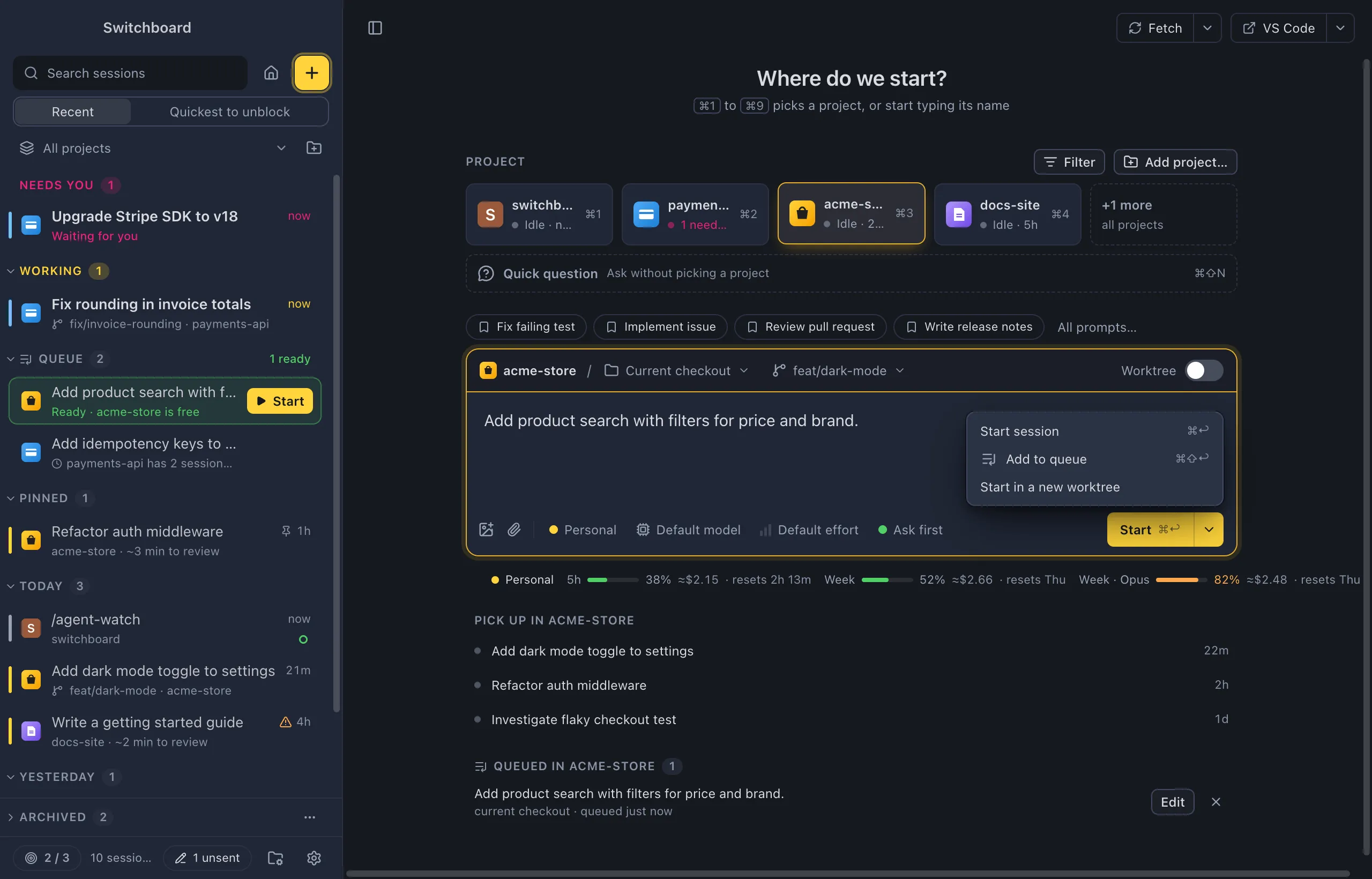 New session with New worktree chosen as the route: the strip shows the project, New worktree and the branch it starts from