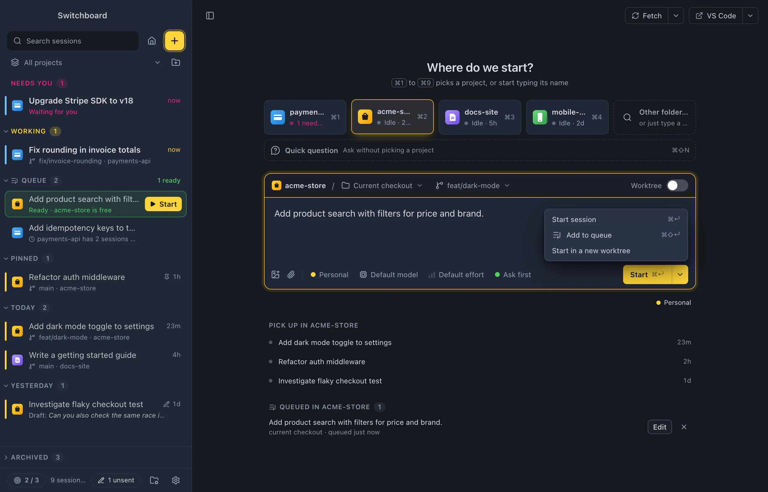 New session with New worktree chosen as the route: the strip shows the project, New worktree and the branch it starts from, and the menu shows the worktree's name field