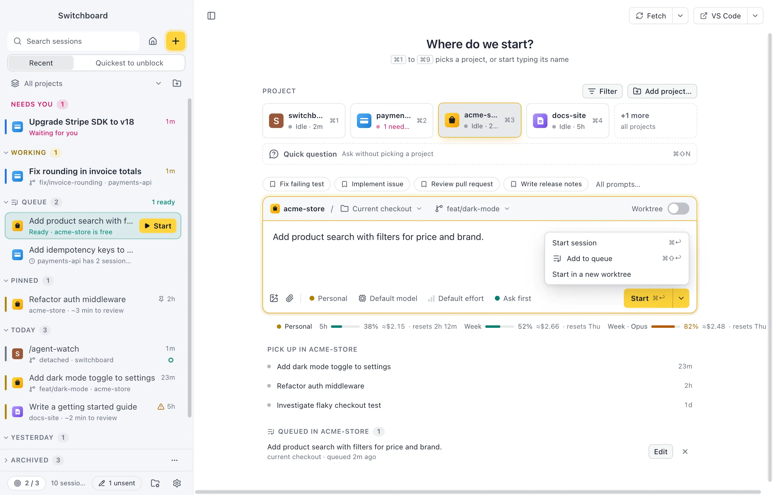 New session with New worktree chosen as the route: the strip shows the project, New worktree and the branch it starts from