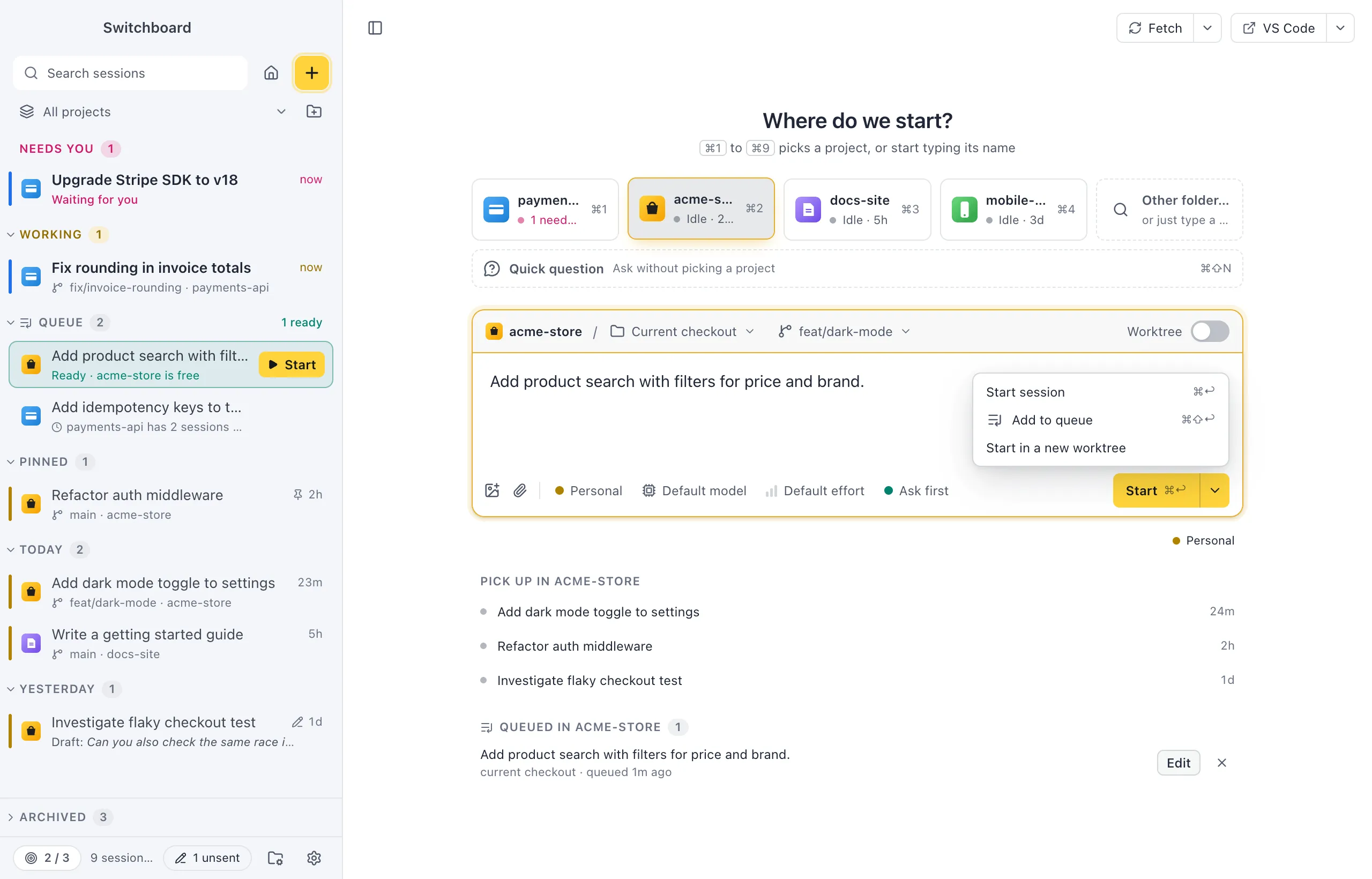 New session with New worktree chosen as the route: the strip shows the project, New worktree and the branch it starts from, and the menu shows the worktree's name field