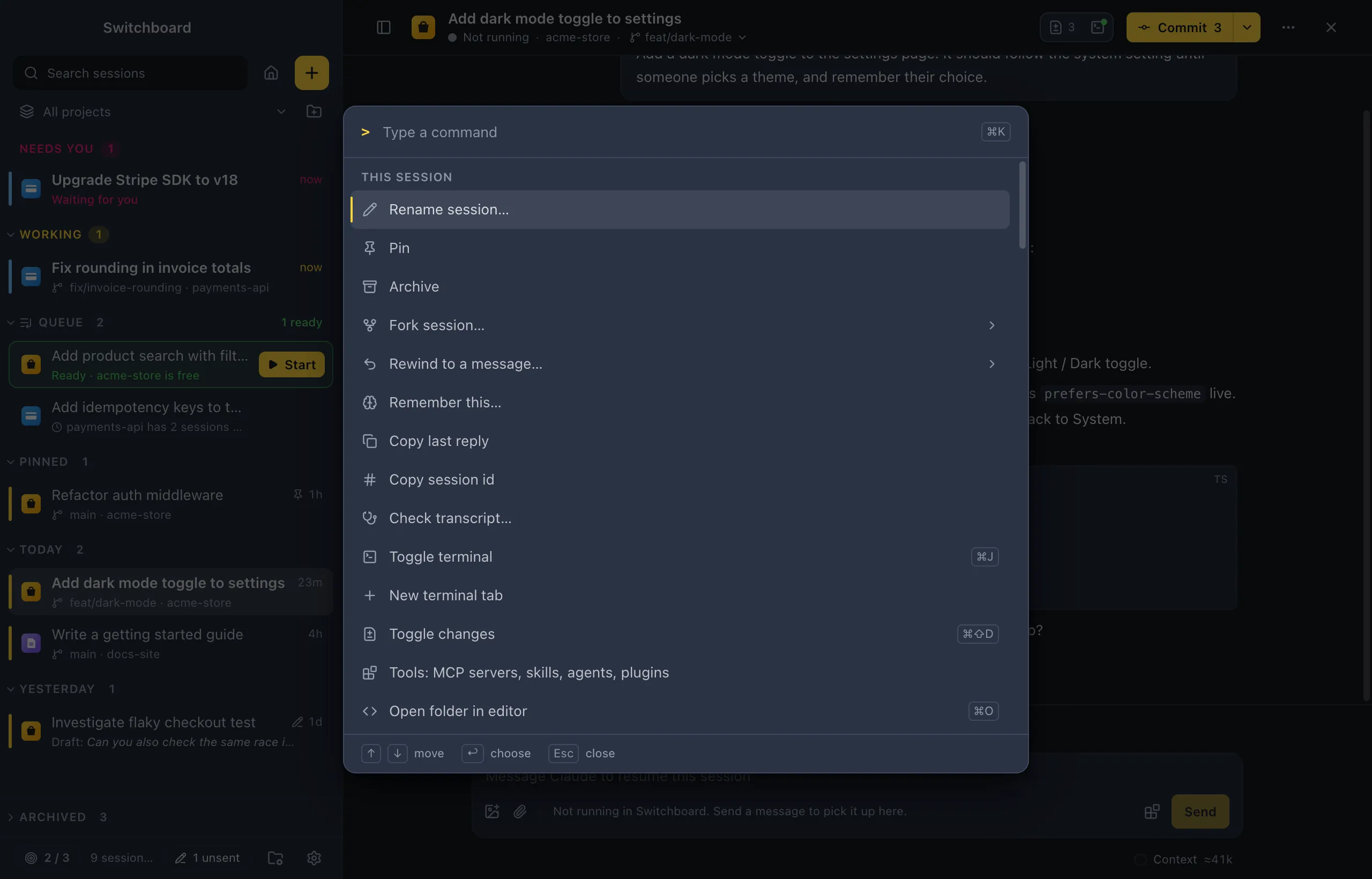 The command palette open over the main window, listing commands grouped under This session and Git, each with its icon and shortcut
