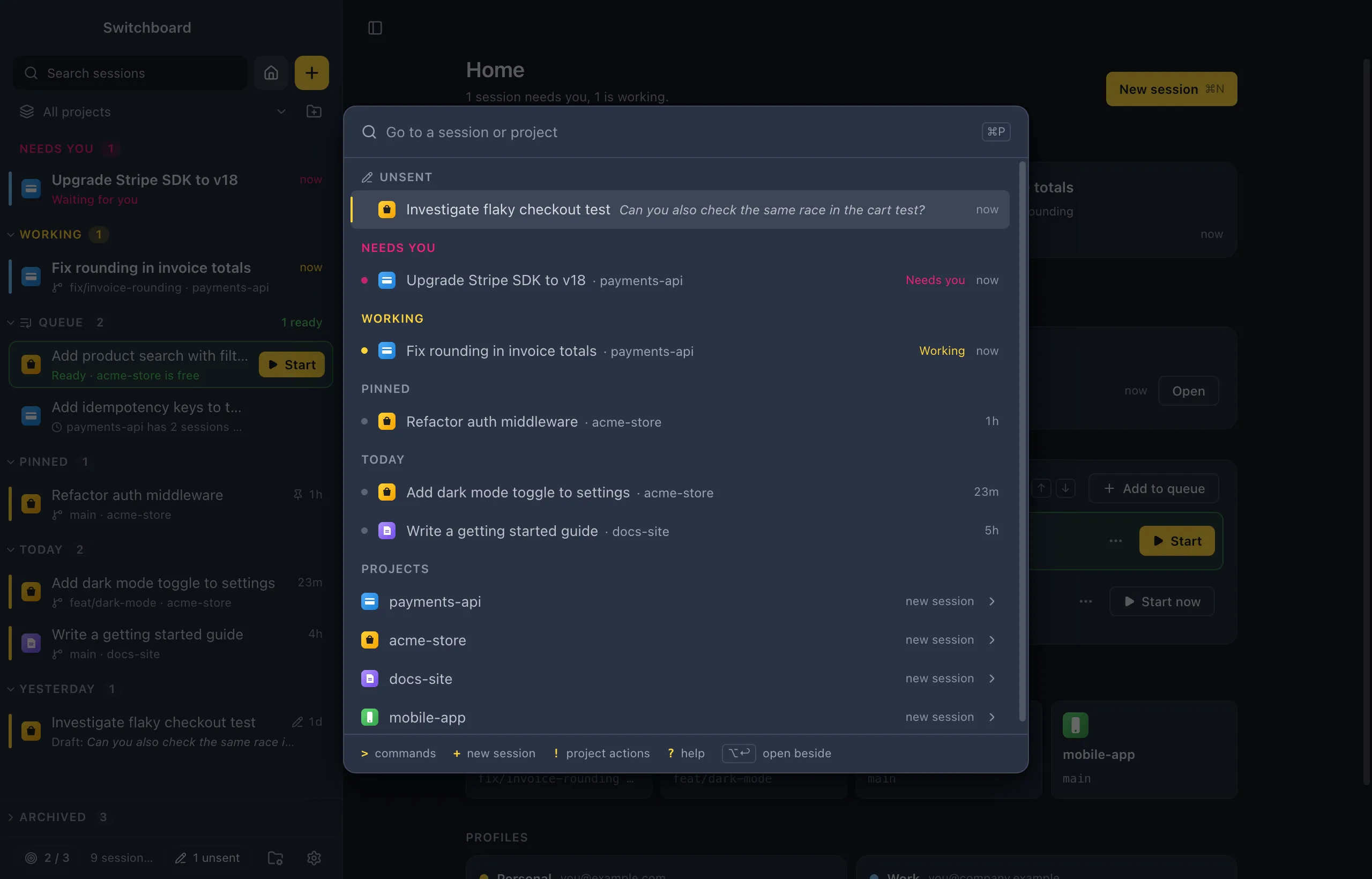 The palette in Go to mode: sessions grouped as in the sidebar, with Needs you and Working on top