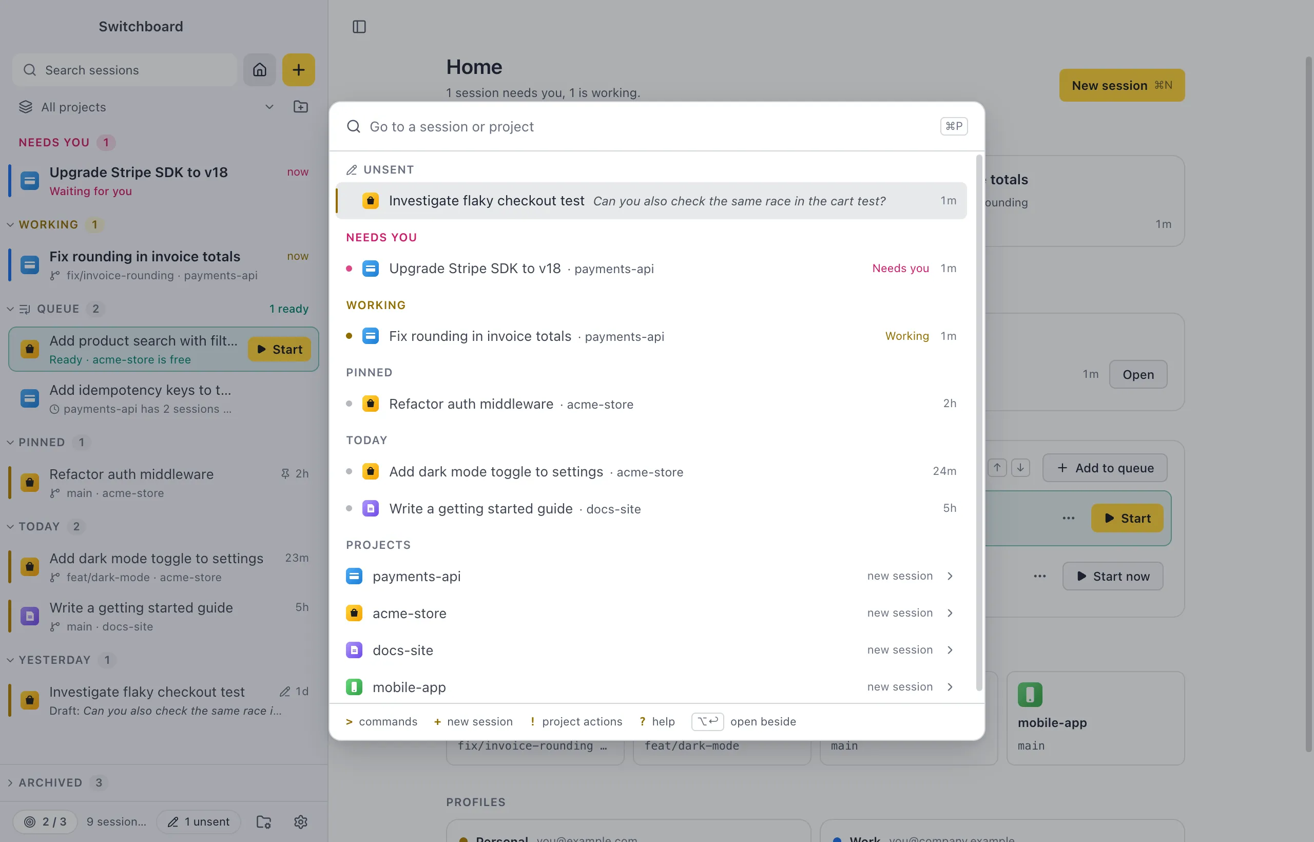The palette in Go to mode: sessions grouped as in the sidebar, with Needs you and Working on top