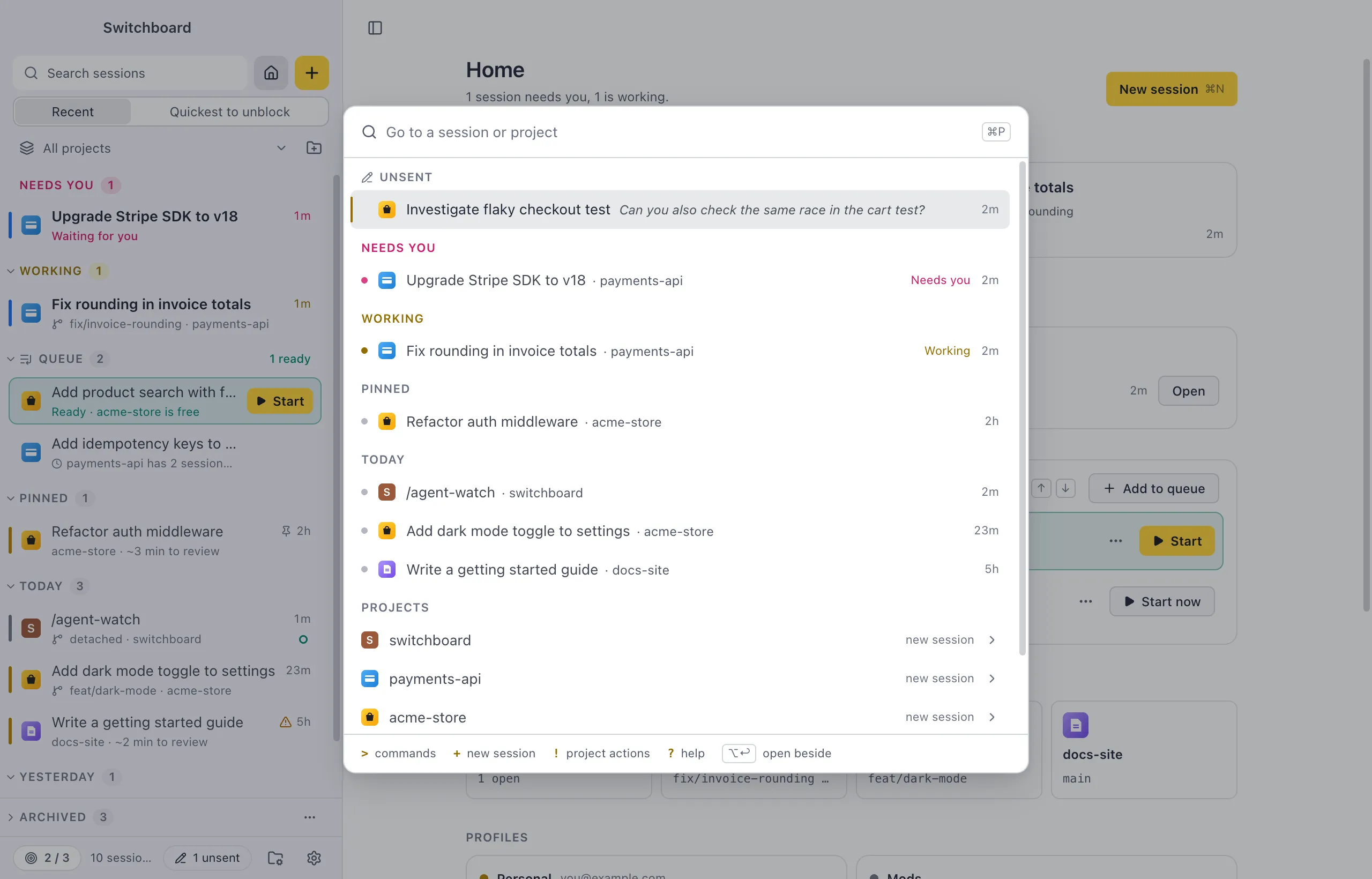 The palette in Go to mode: sessions grouped as in the sidebar, with Needs you and Working on top
