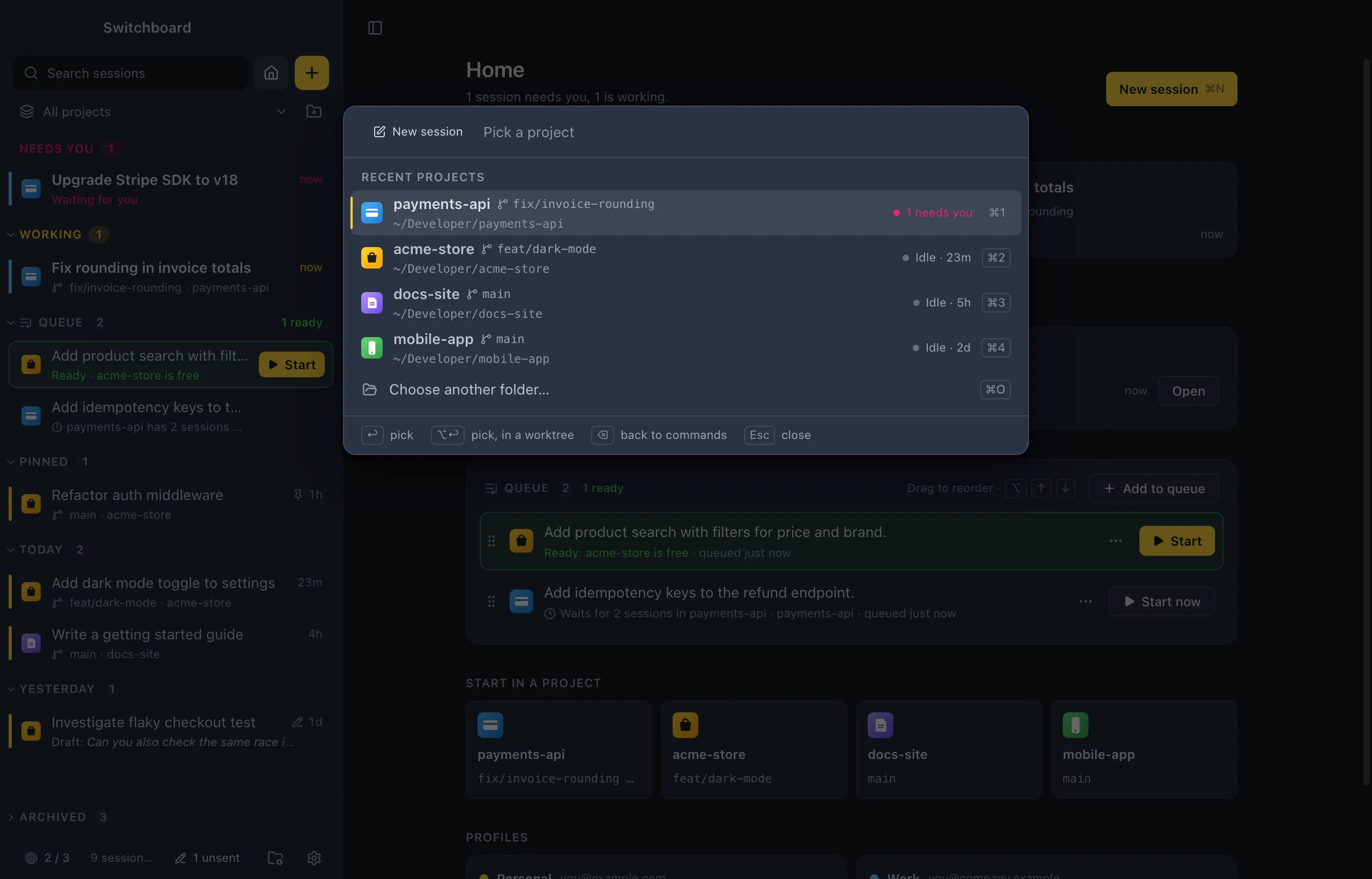 The command palette on New session: recent projects with their branch and status, and a shortcut for each