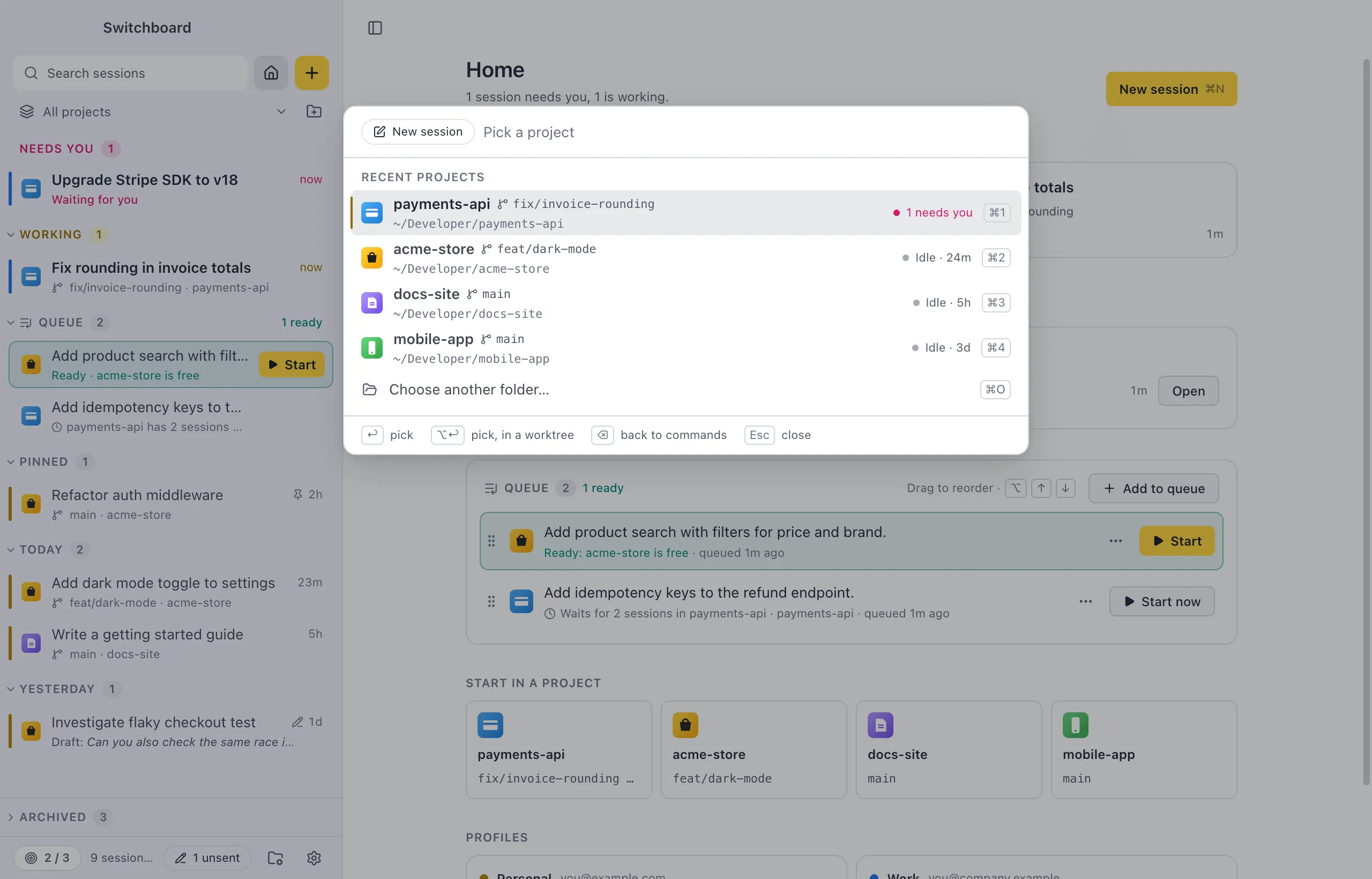 The command palette on New session: recent projects with their branch and status, and a shortcut for each