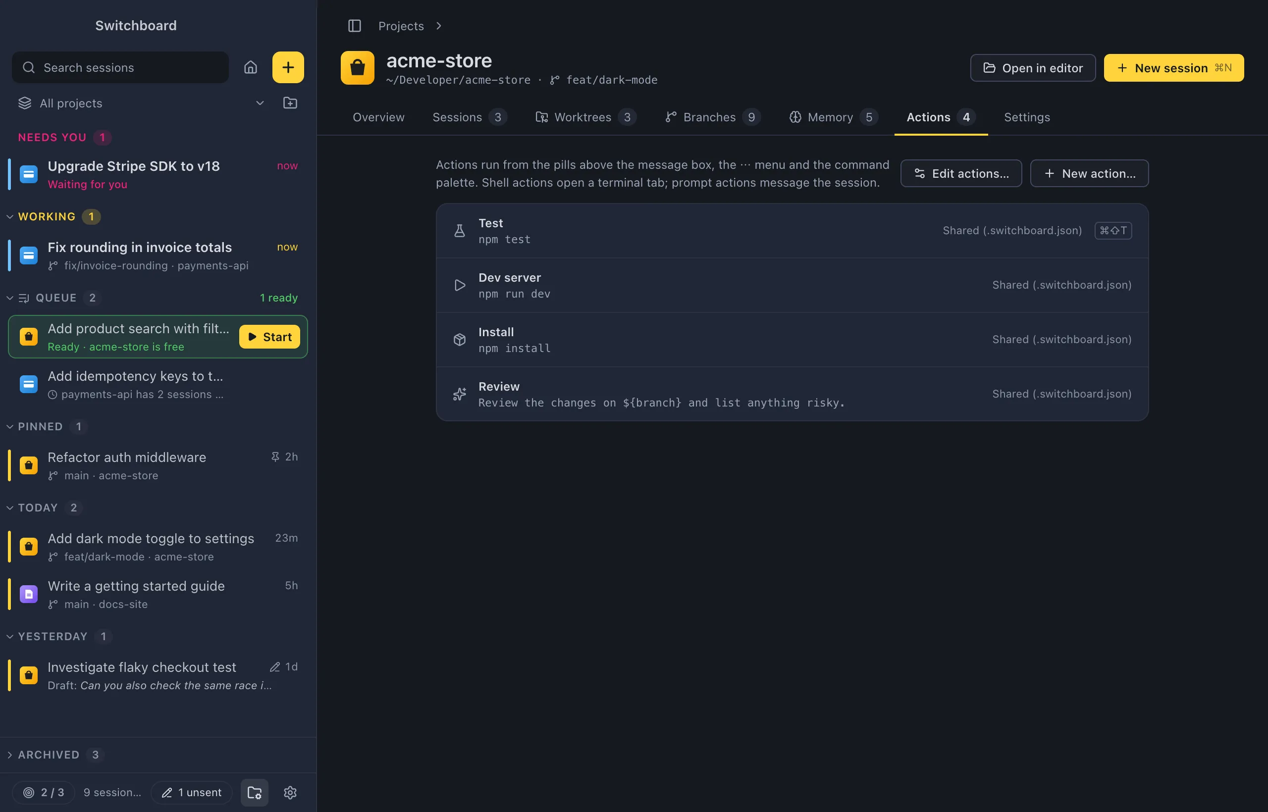 The Actions tab of acme-store: a list of actions such as Test, Dev server, Install and Review, each with its icon, command, where it is saved and its shortcut, with Edit actions and New action buttons