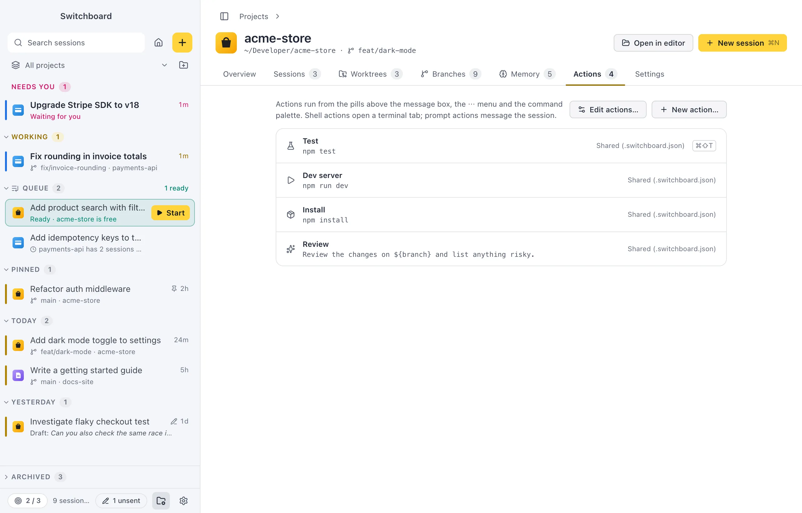 The Actions tab of acme-store: a list of actions such as Test, Dev server, Install and Review, each with its icon, command, where it is saved and its shortcut, with Edit actions and New action buttons