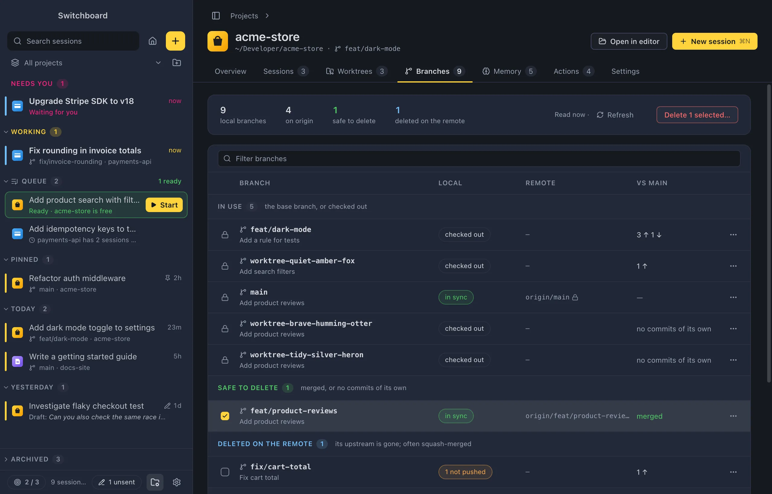 The Branches tab of acme-store: a summary strip with local branches, branches on origin, safe to delete and deleted on the remote, then a filter field and a table grouped into In use, Safe to delete, Deleted on the remote and Active