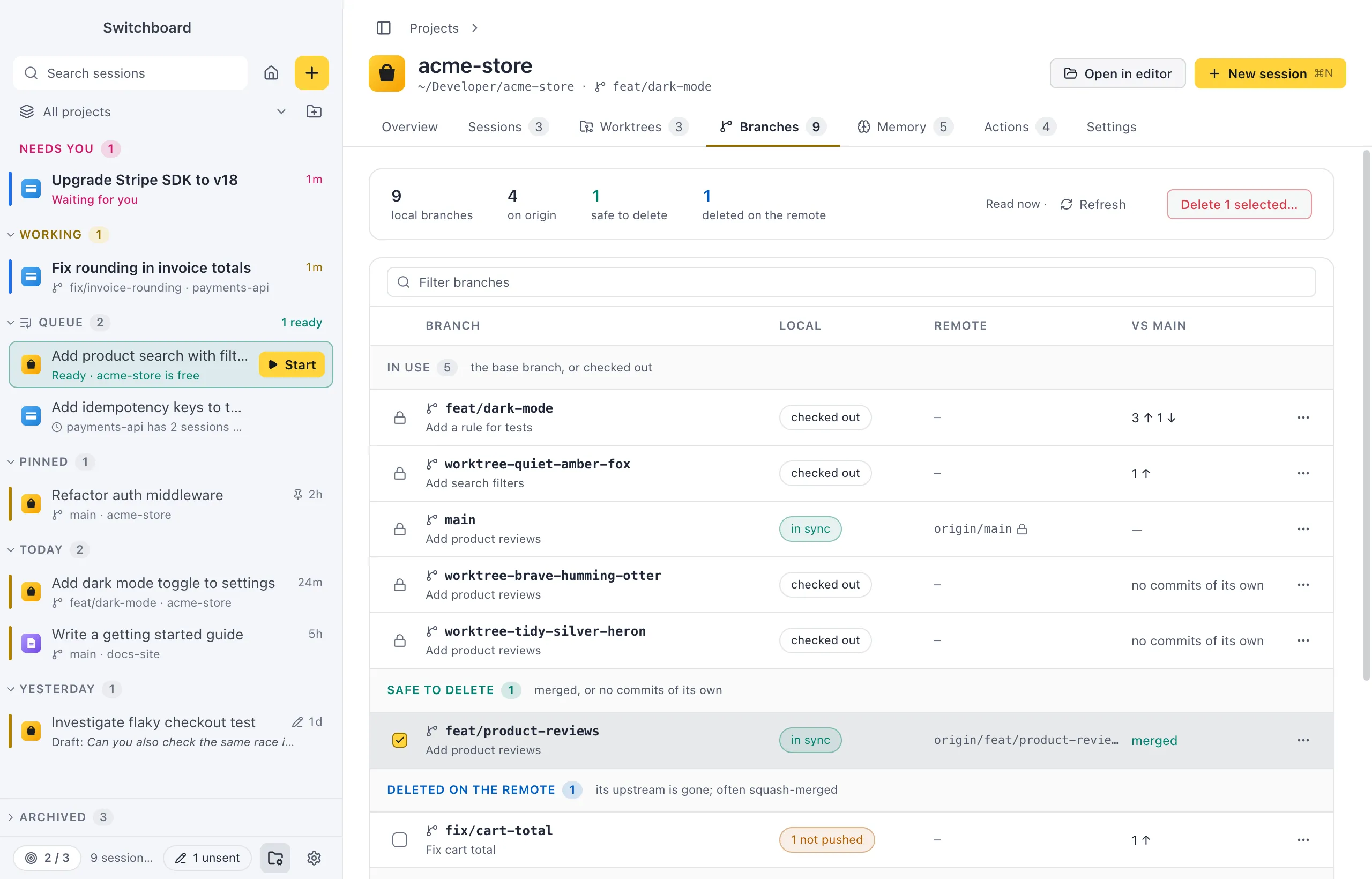 The Branches tab of acme-store: a summary strip with local branches, branches on origin, safe to delete and deleted on the remote, then a filter field and a table grouped into In use, Safe to delete, Deleted on the remote and Active