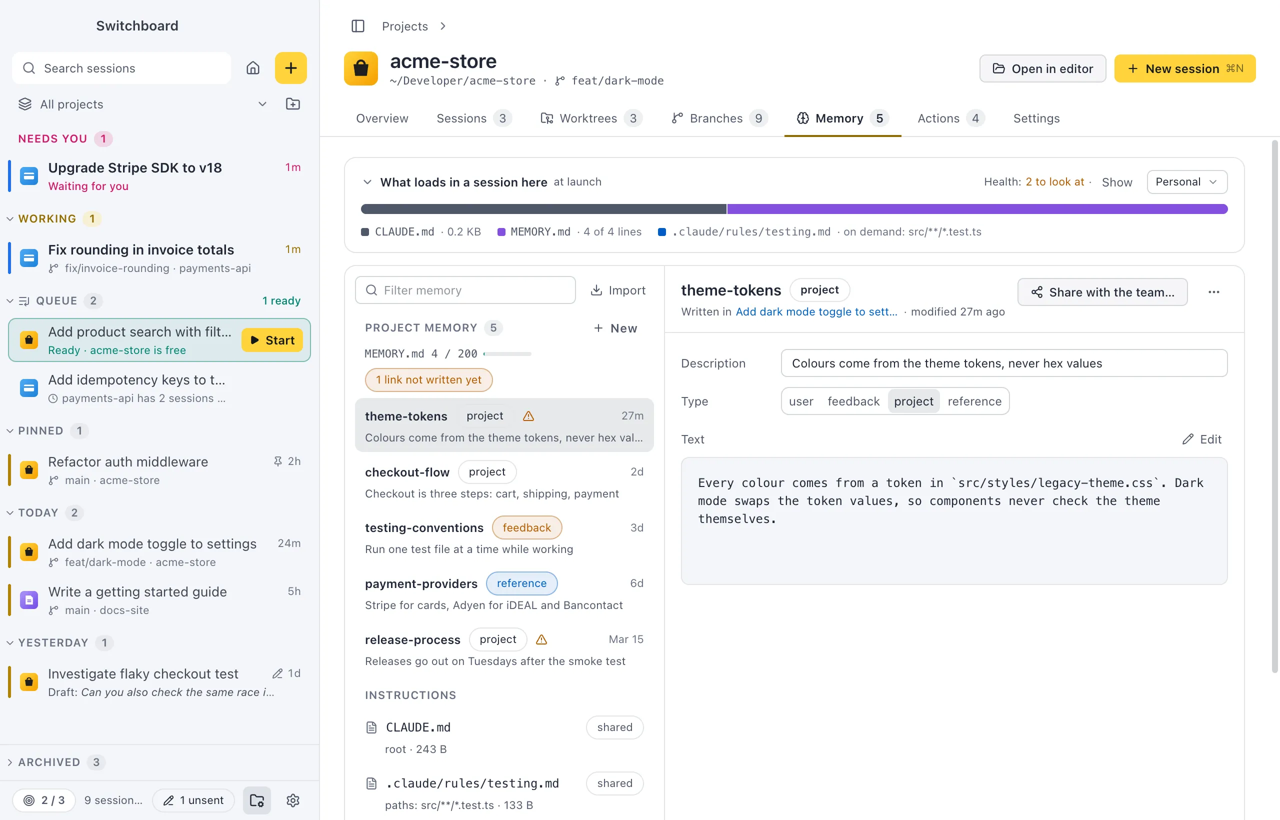 A project's Memory tab: what loads in a session at the top, the project's memories with their type, the instructions the team shares, and personal memory