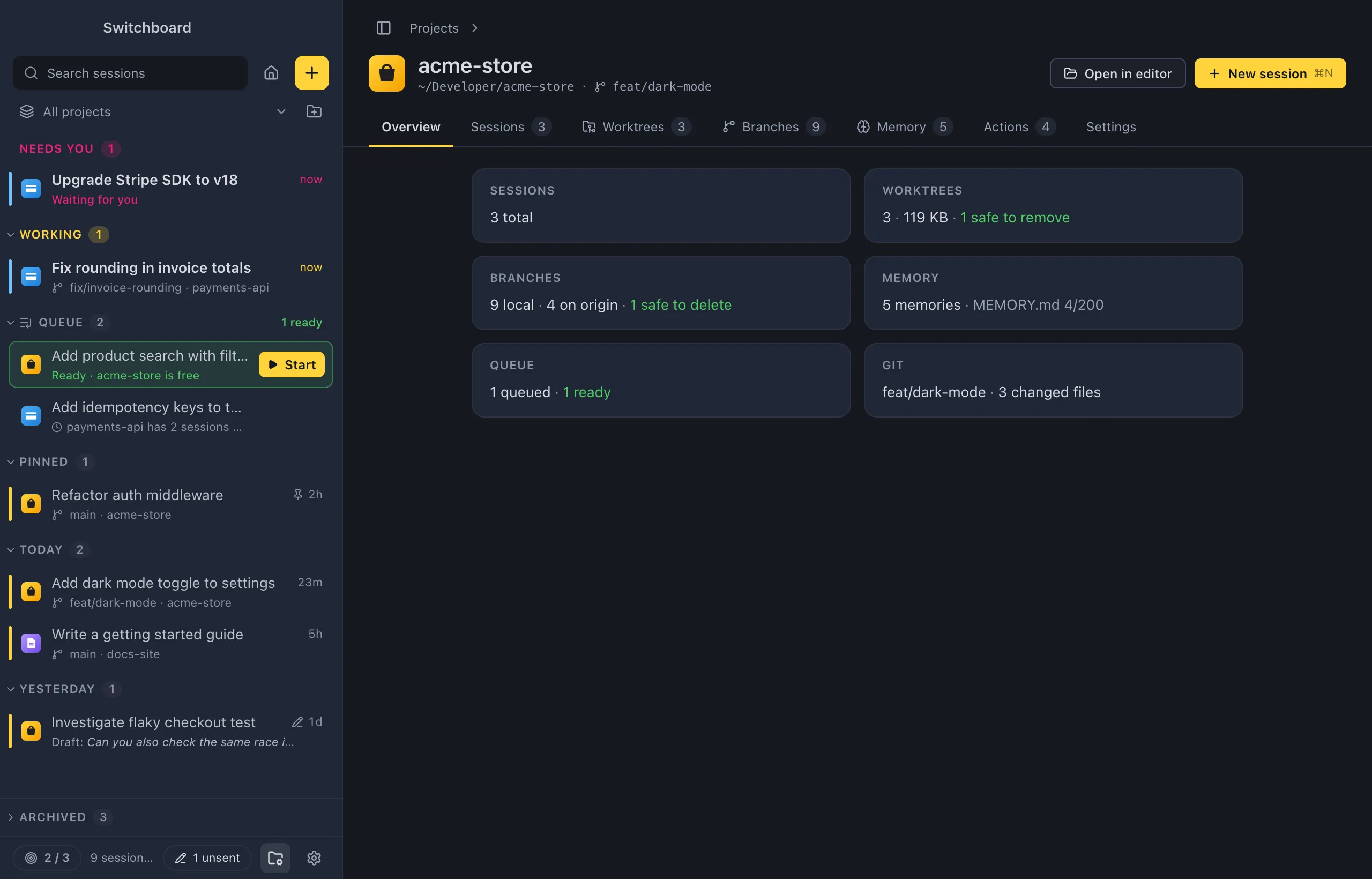 A project page for acme-store: the breadcrumb, the project's icon and name, its folder, branch and upstream, Open in editor and New session buttons, and the tabs Overview, Sessions, Worktrees, Branches, Memory, Actions and Settings