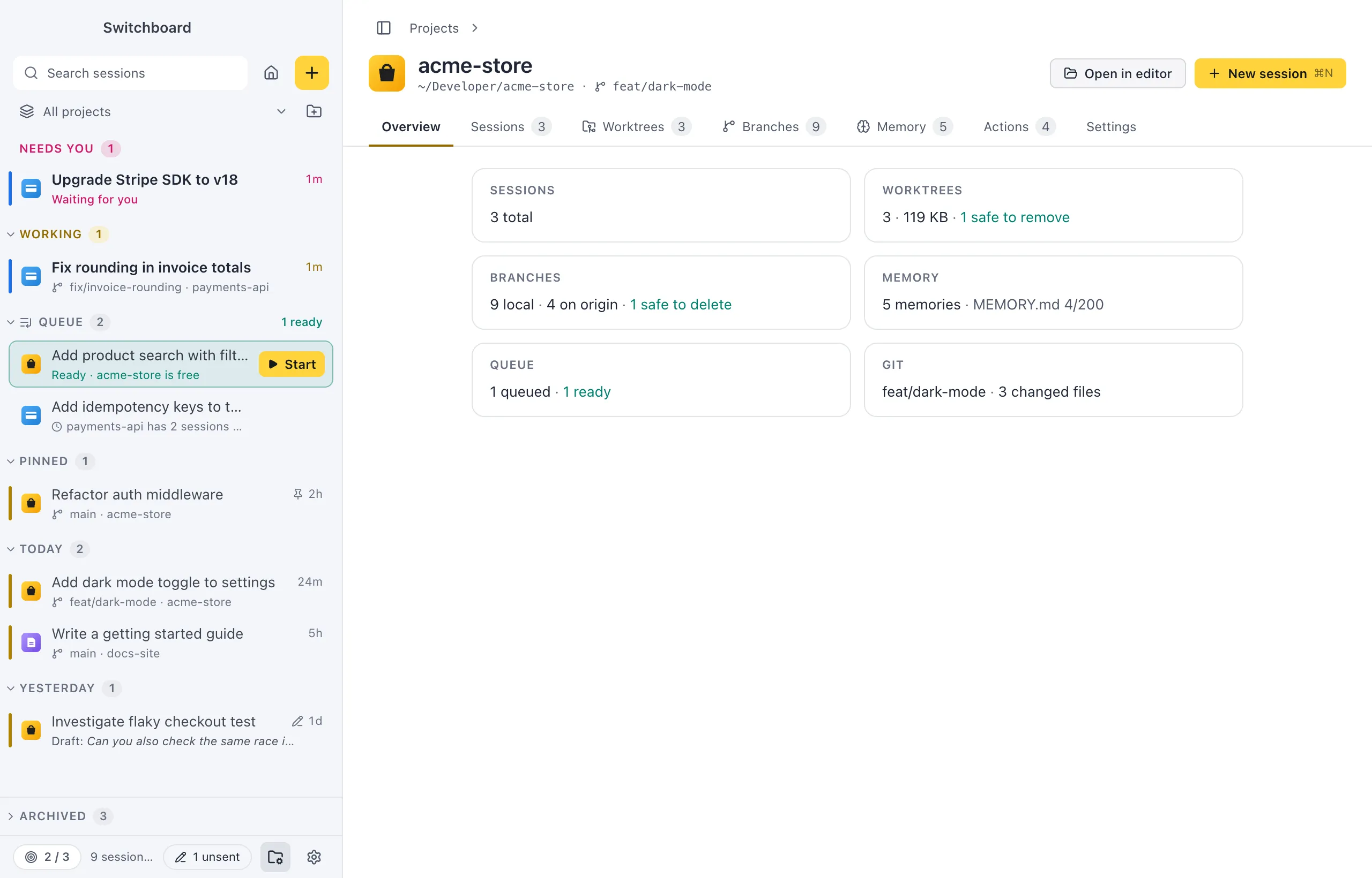A project page for acme-store: the breadcrumb, the project's icon and name, its folder, branch and upstream, Open in editor and New session buttons, and the tabs Overview, Sessions, Worktrees, Branches, Memory, Actions and Settings