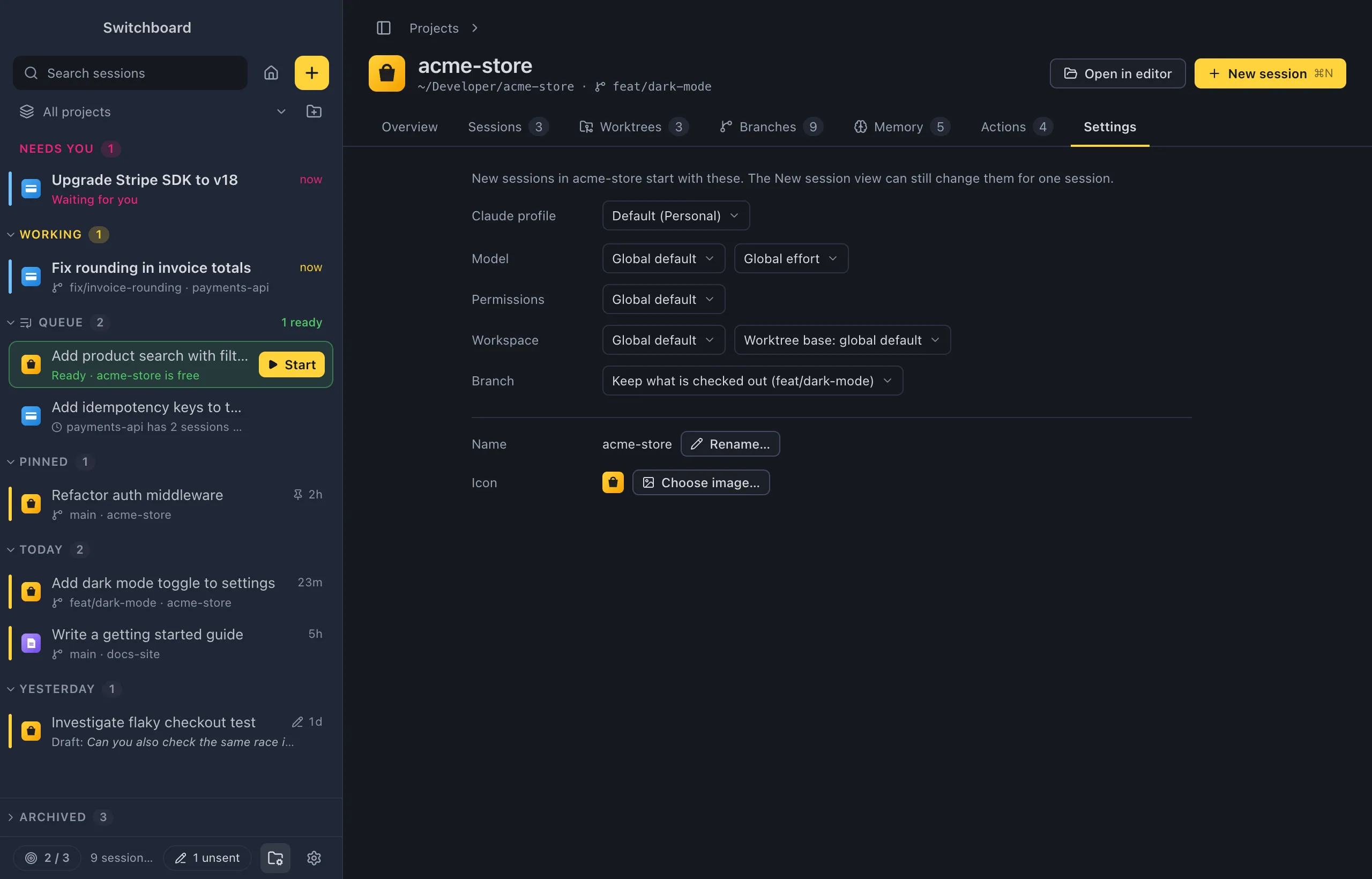 The Settings tab of acme-store: Claude profile, Model and Effort, Permissions, Workspace with the worktree base, then the project's name with Rename and its icon with Choose image