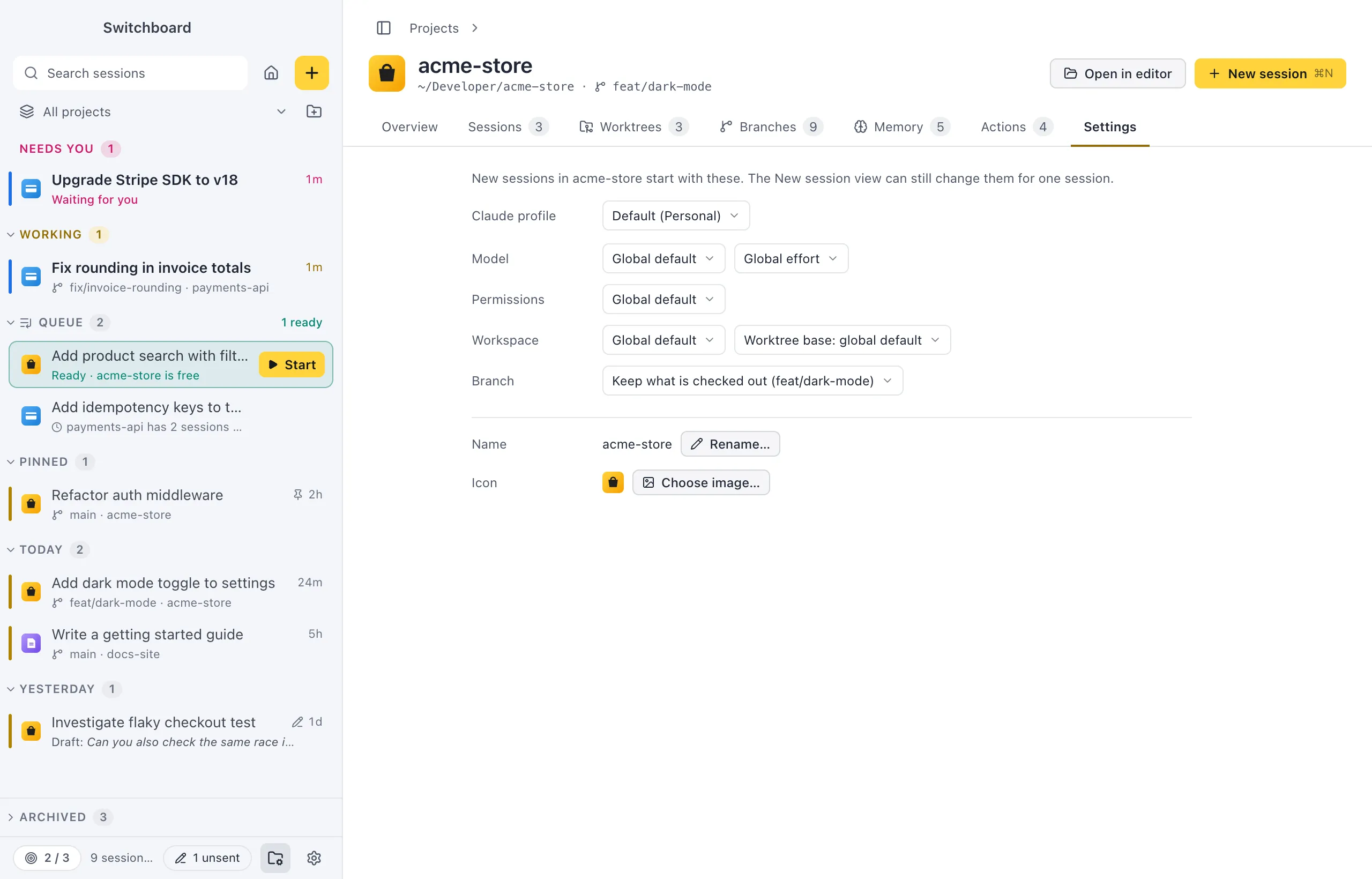 The Settings tab of acme-store: Claude profile, Model and Effort, Permissions, Workspace with the worktree base, then the project's name with Rename and its icon with Choose image