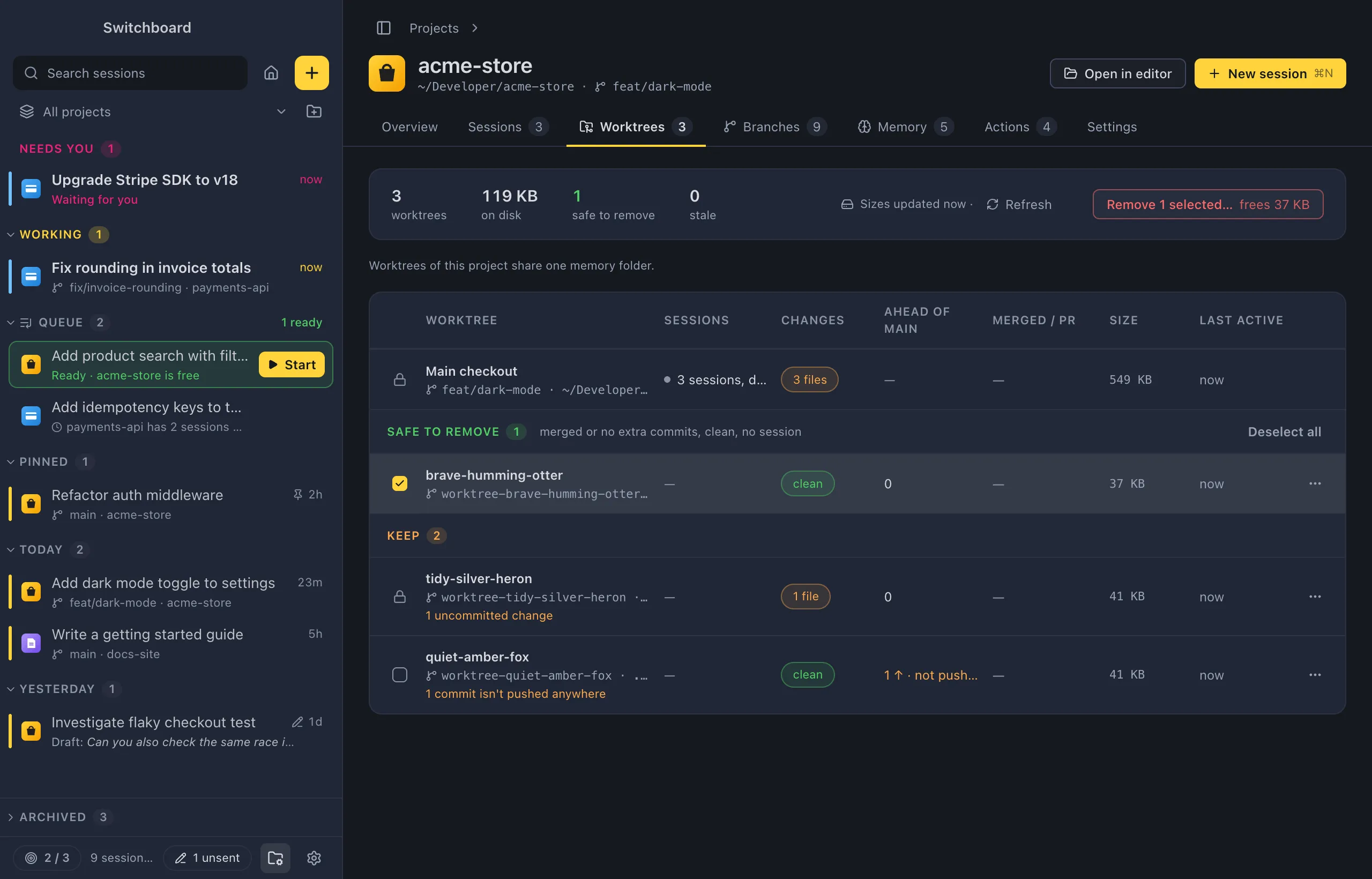 A project's Worktrees tab: worktrees grouped into safe to remove and keep, with their branch, changes, commits and size on disk