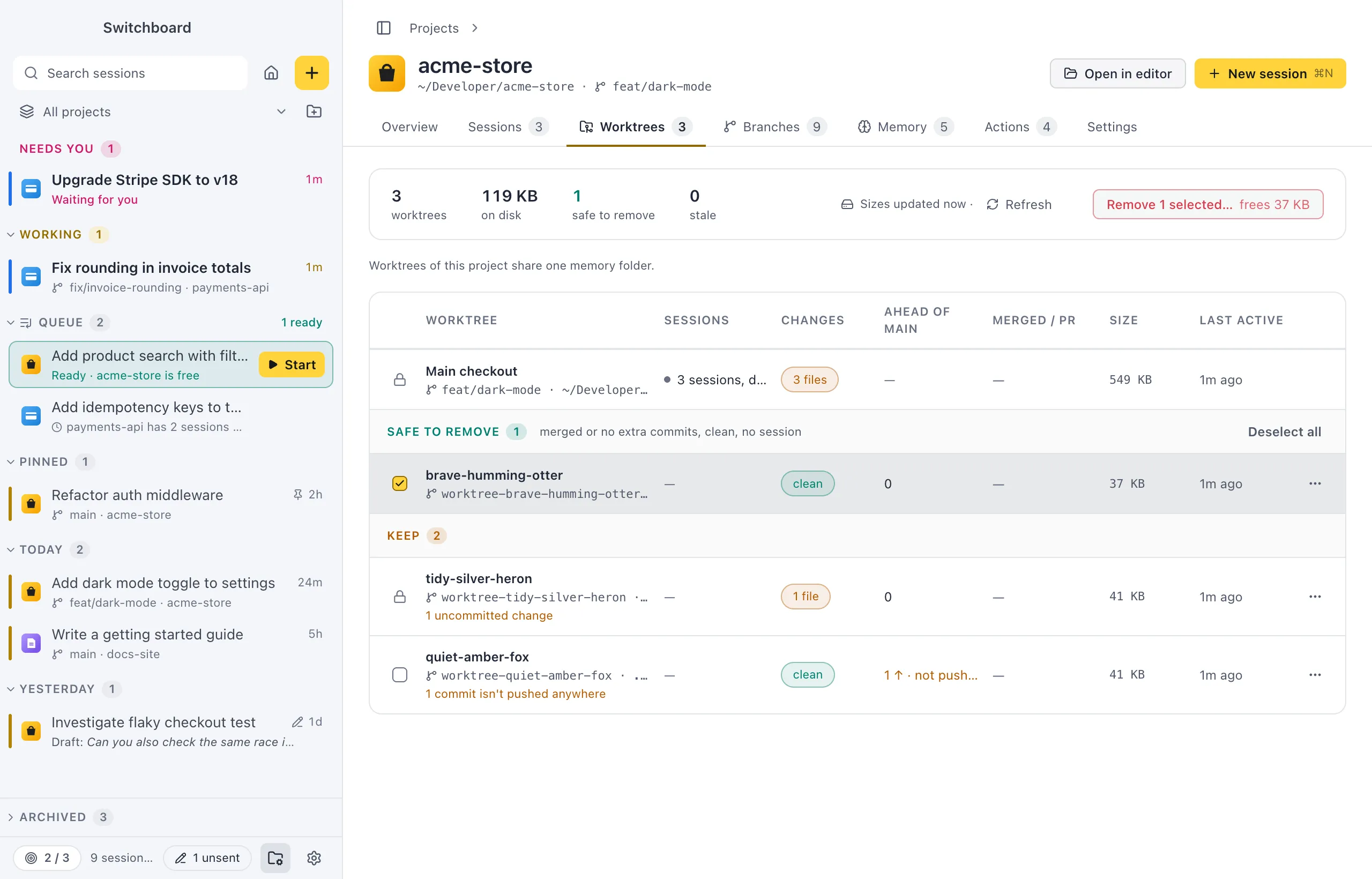 A project's Worktrees tab: worktrees grouped into safe to remove and keep, with their branch, changes, commits and size on disk