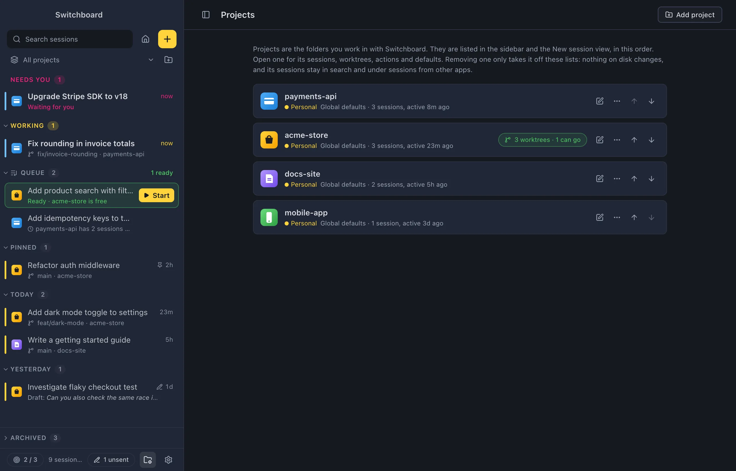 The Projects view: a list of projects, each with its icon, name, new-session defaults, session count and a worktree pill that says how many worktrees there are and how many can go