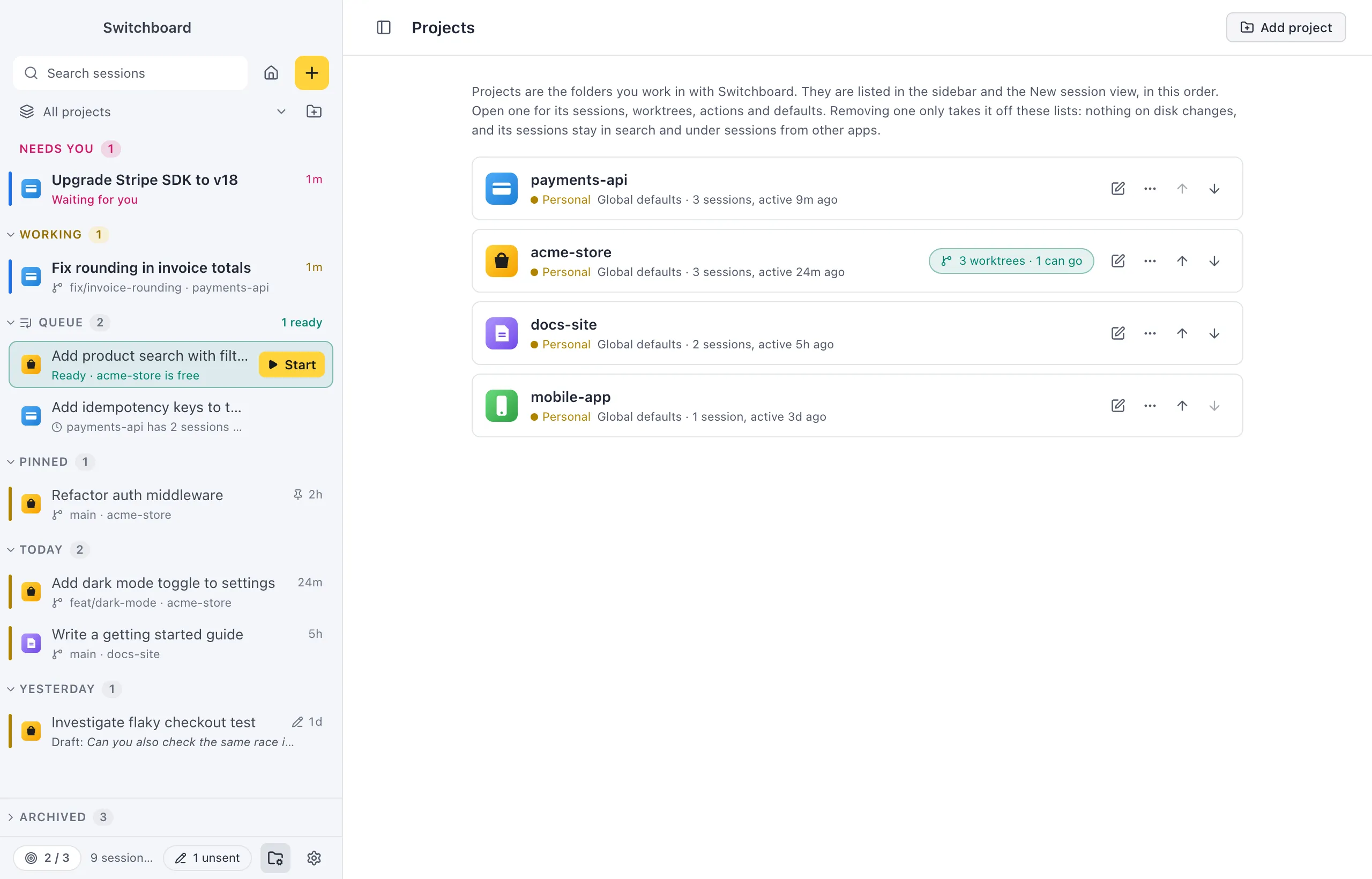 The Projects view: a list of projects, each with its icon, name, new-session defaults, session count and a worktree pill that says how many worktrees there are and how many can go