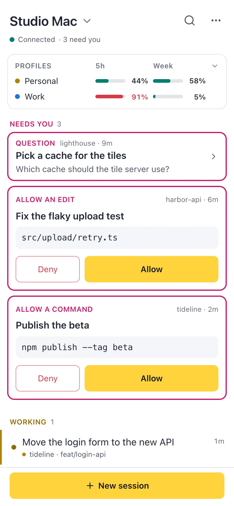 The remote app on a phone: the computer's name, Connected · 3 need you, a Profiles card with usage bars, then Needs you with a question and two prompts with Deny and Allow, and New session at the bottom