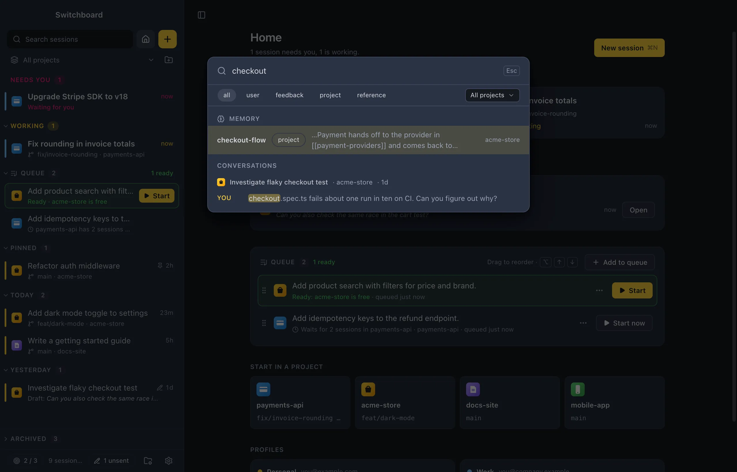 Search with the Memory group of results above the conversations: each memory with its type and project, and chips for all, user, feedback, project and reference