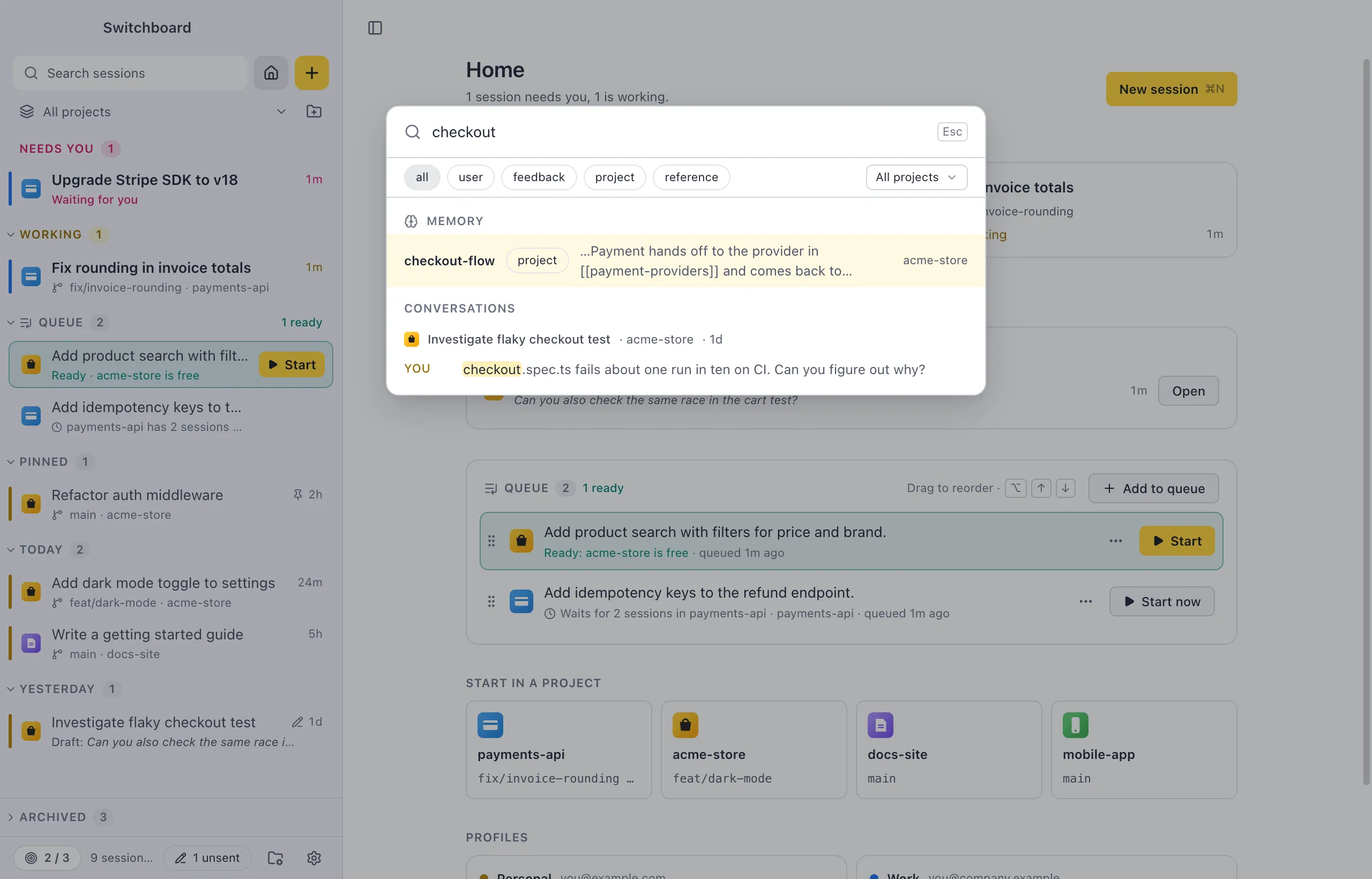 Search with the Memory group of results above the conversations: each memory with its type and project, and chips for all, user, feedback, project and reference