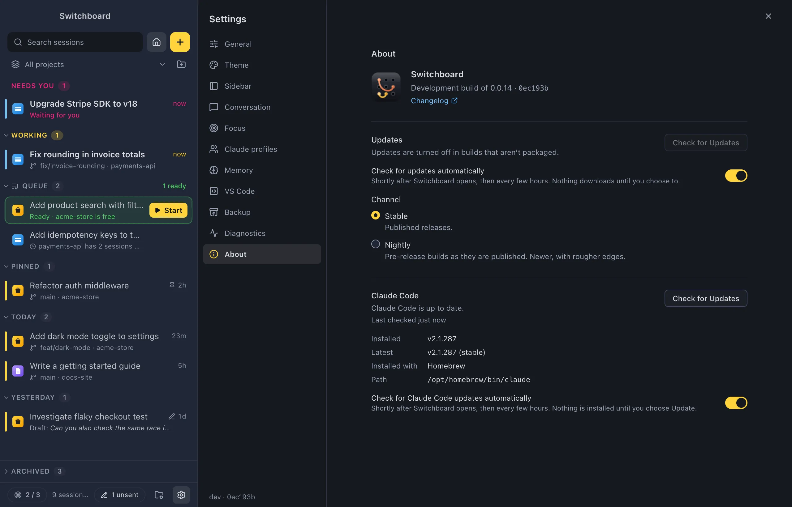 Settings on About: the Switchboard version with Release notes and Changelog links, the Updates controls and channel, and the Claude Code section with its version, how it was installed and Check for Updates