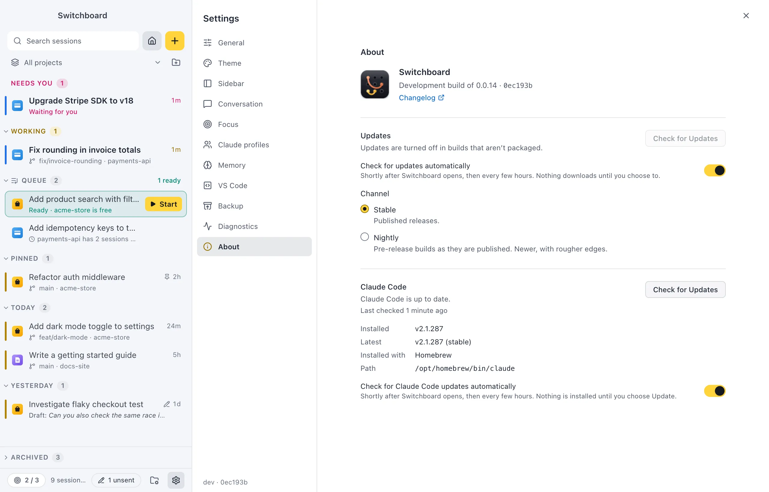 Settings on About: the Switchboard version with Release notes and Changelog links, the Updates controls and channel, and the Claude Code section with its version, how it was installed and Check for Updates