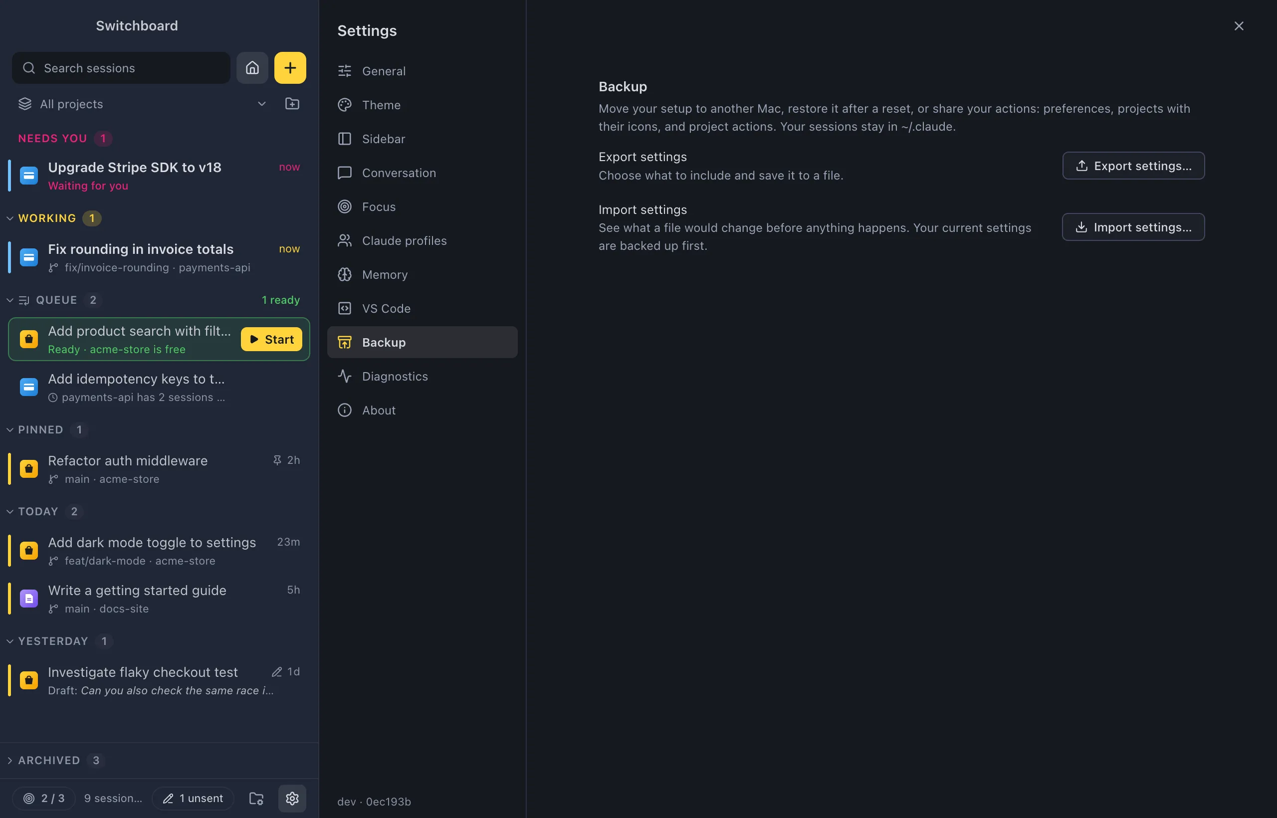 Settings on Backup: Export settings and Import settings, each with a button