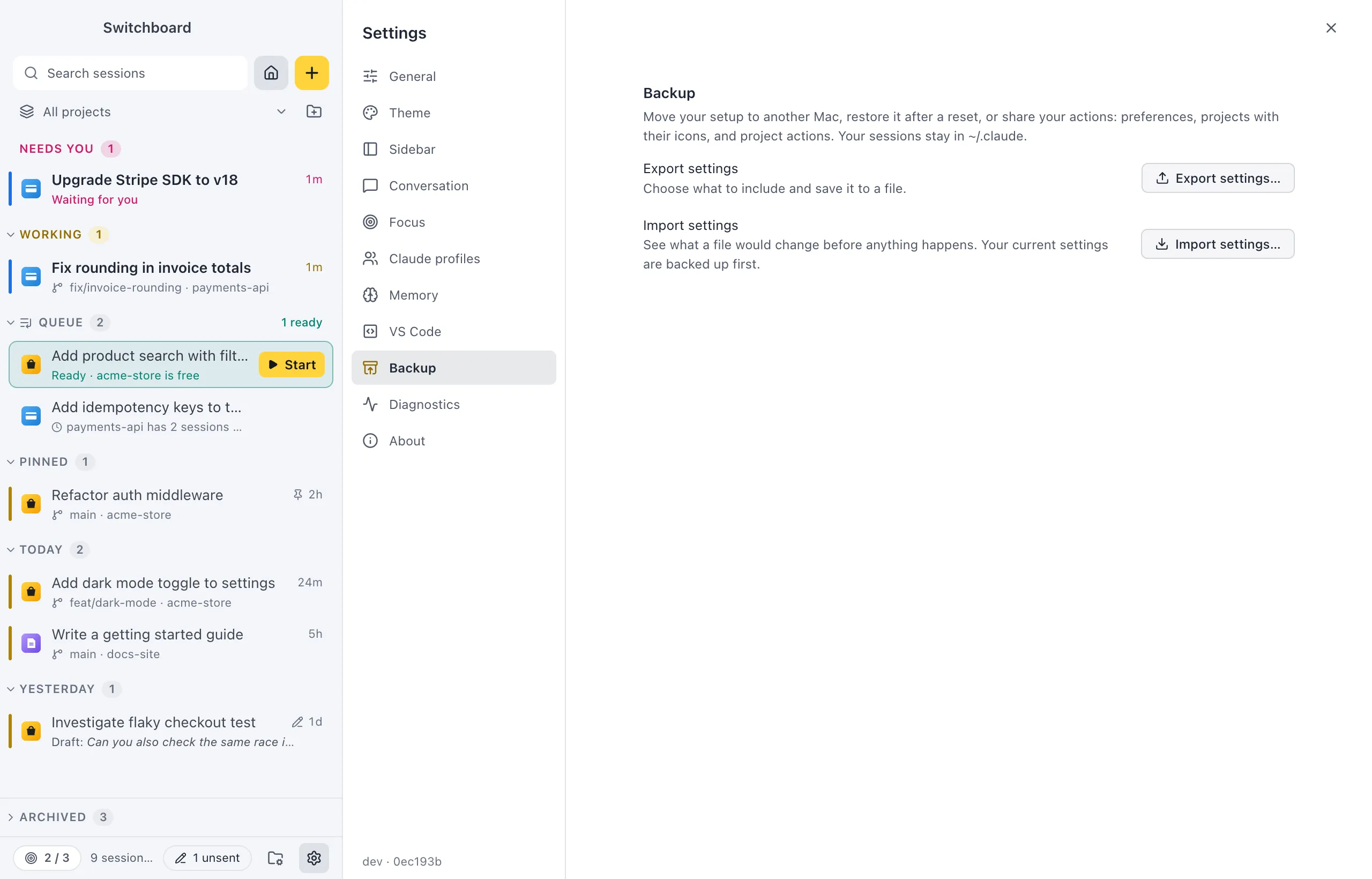 Settings on Backup: Export settings and Import settings, each with a button